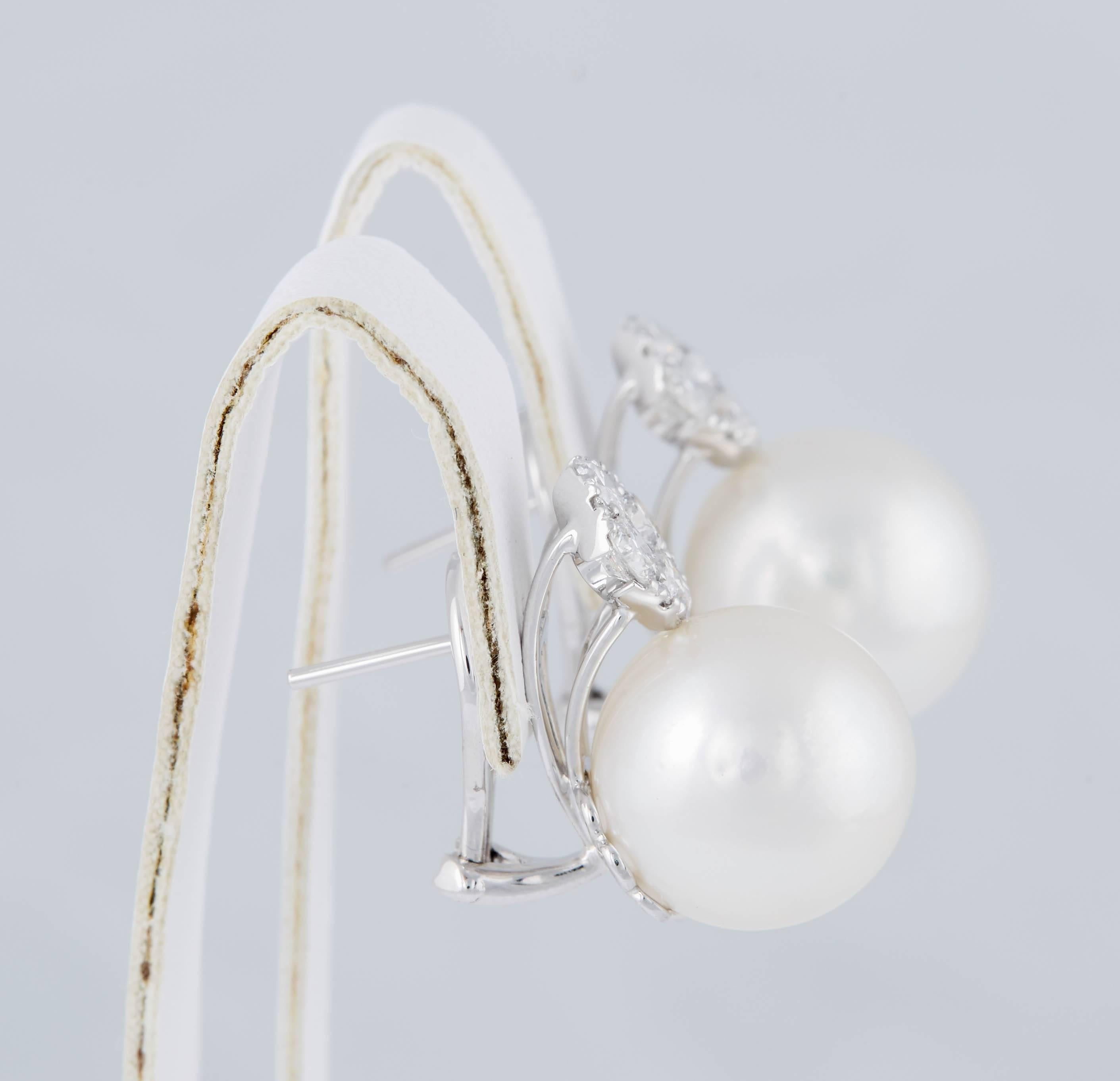 Women's Round Cluster Diamonds and South Sea Pearl Drop Earrings For Sale