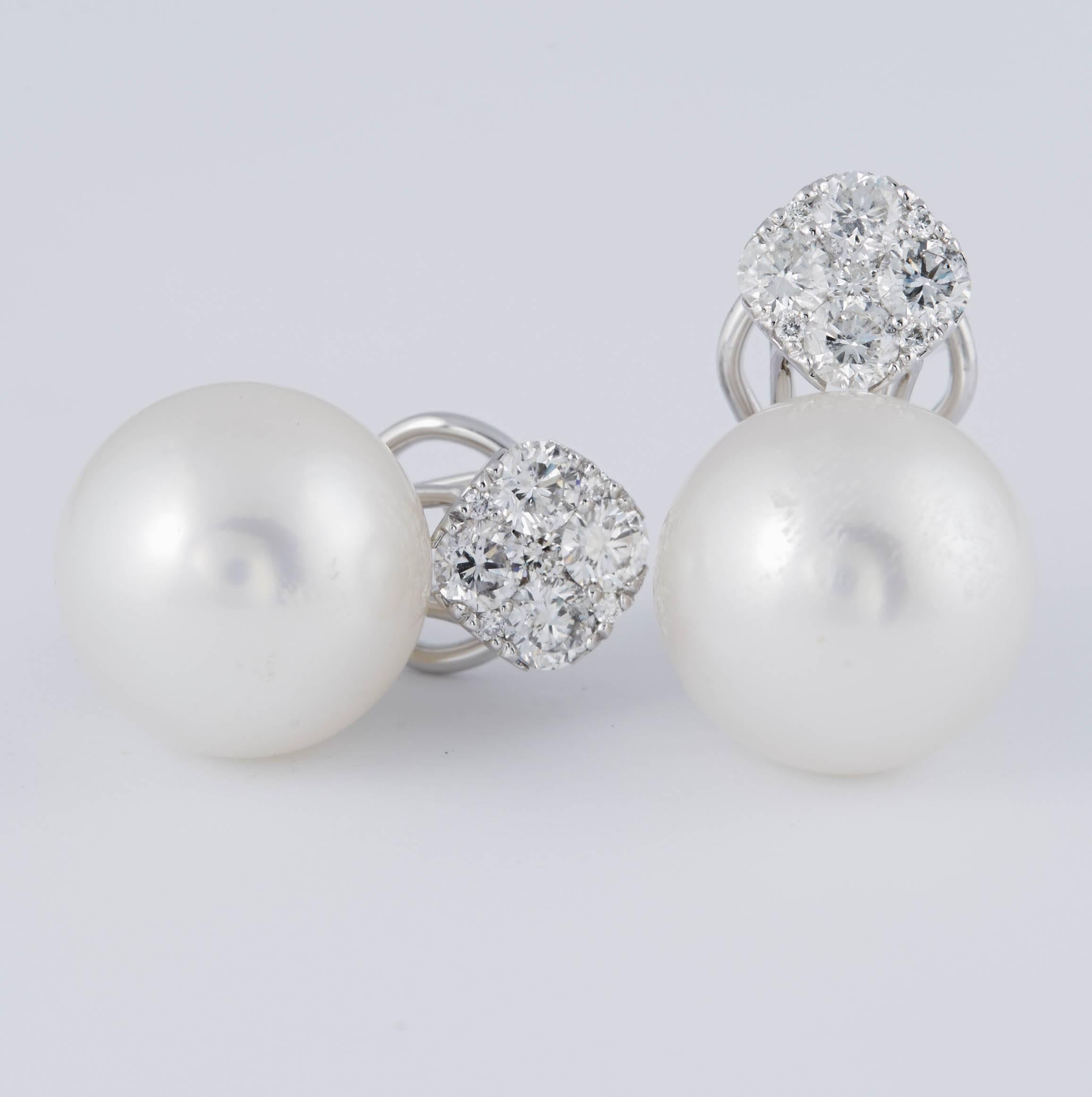 Round Cluster Diamonds and South Sea Pearl Drop Earrings For Sale 2