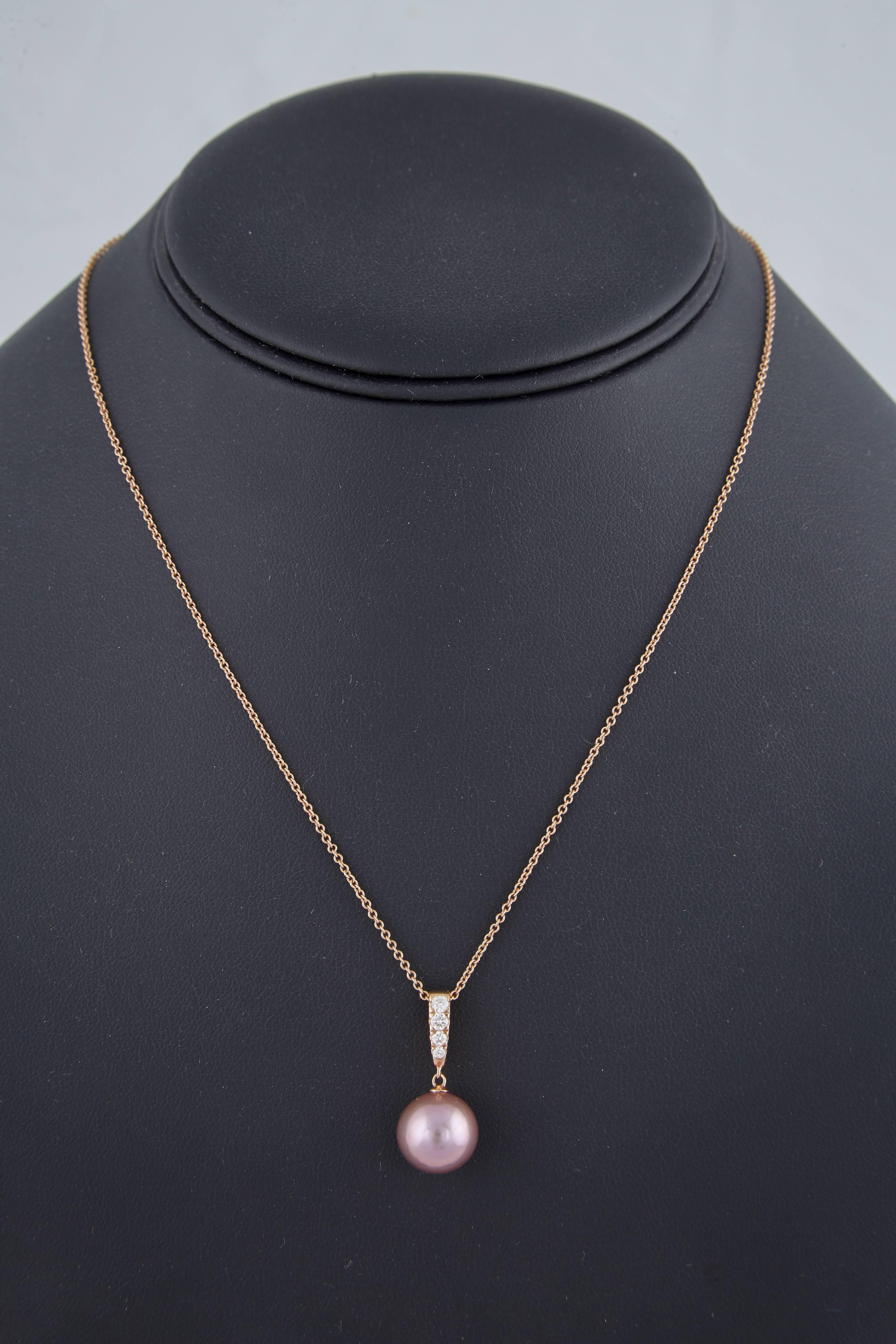 Contemporary Pink Freshwater Pearl and Four Diamond Rose Gold Pendant