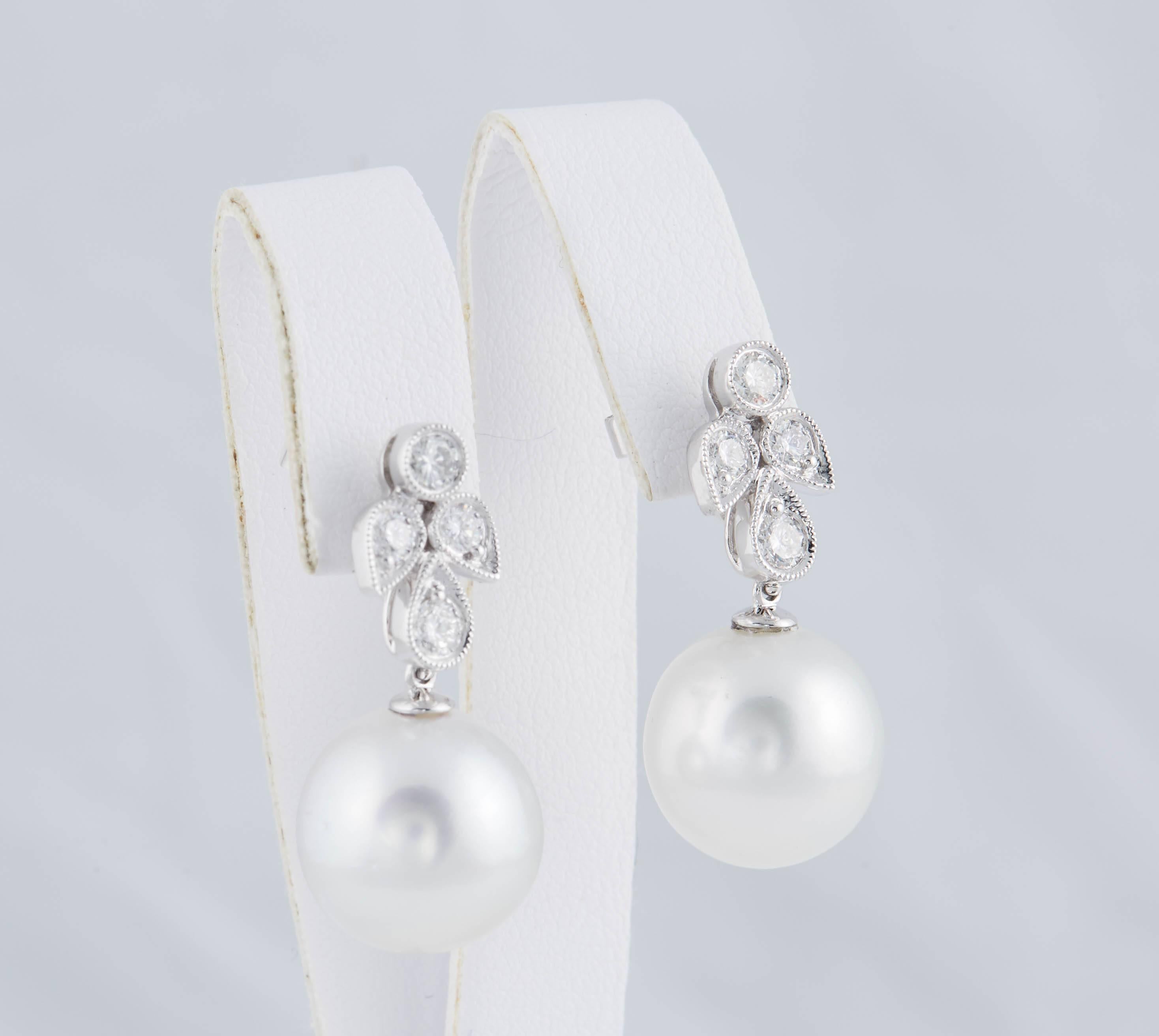 Contemporary Diamonds and South Sea Pearl Dangling Leaf Earrings