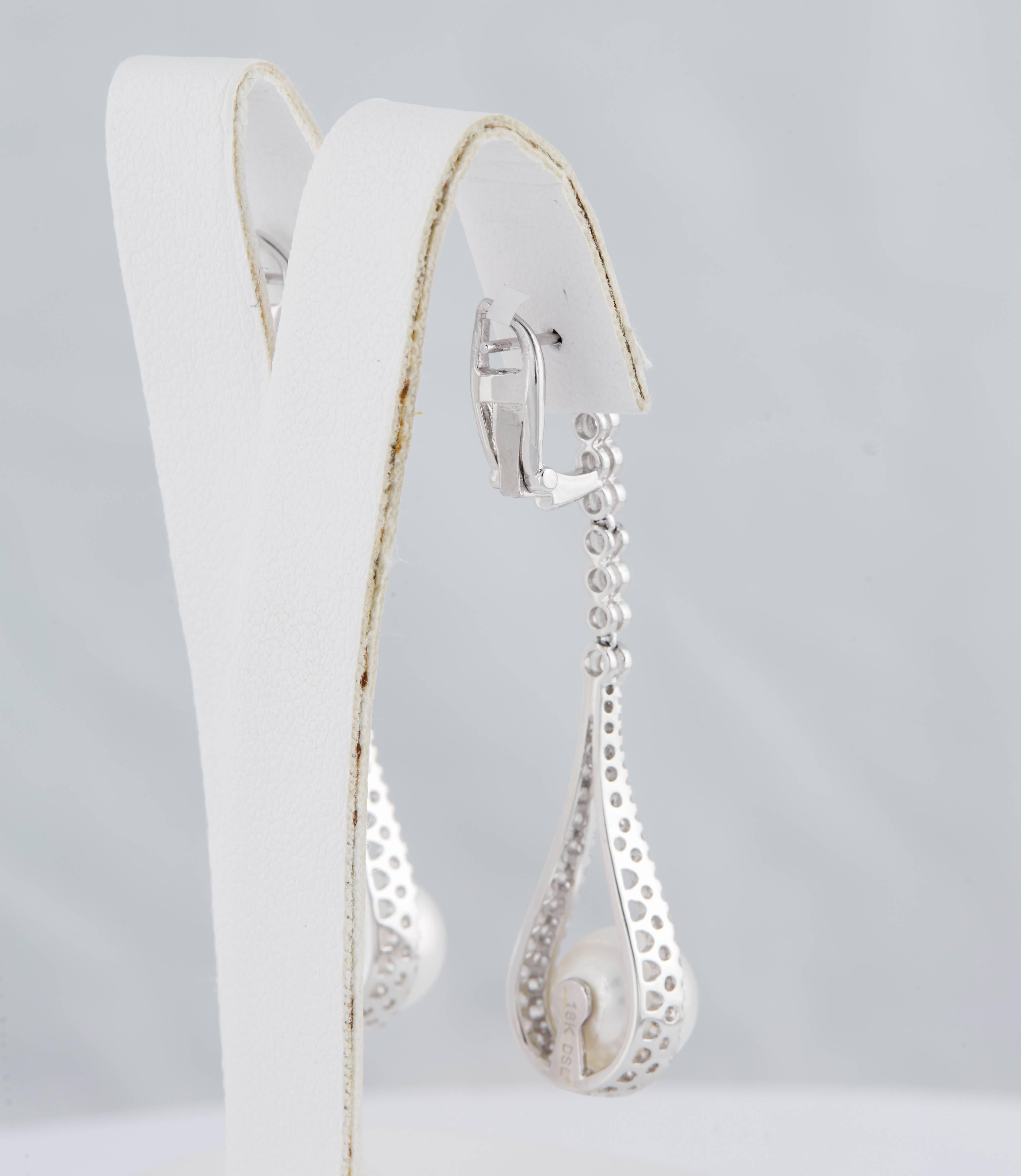 South Sea Pearl Diamond Drop Long Earrings 0.92 Carats 9-10 MM 18K ...