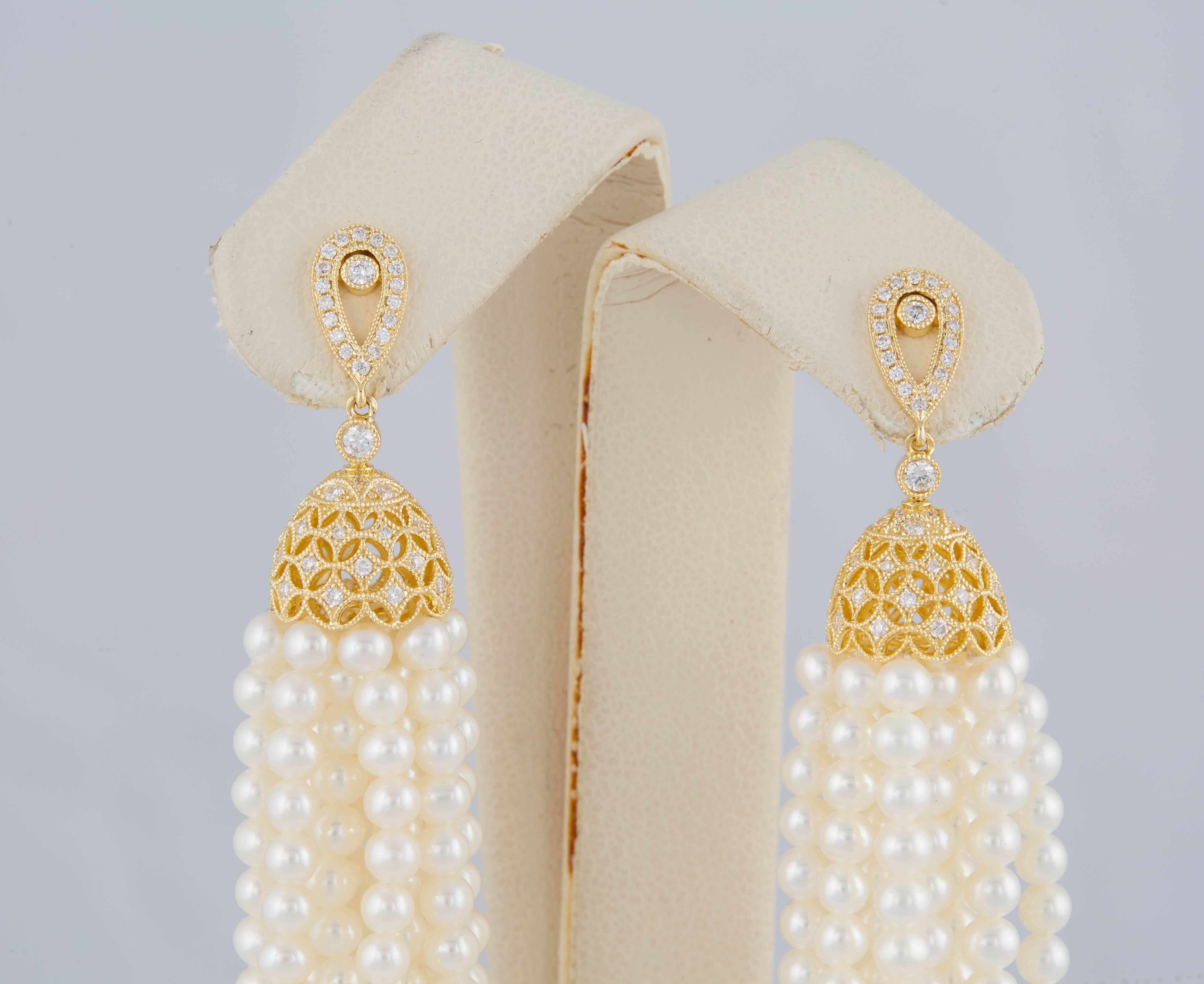 Contemporary Tassel Freshwater Pearl and Diamonds Dangle Earrings For Sale
