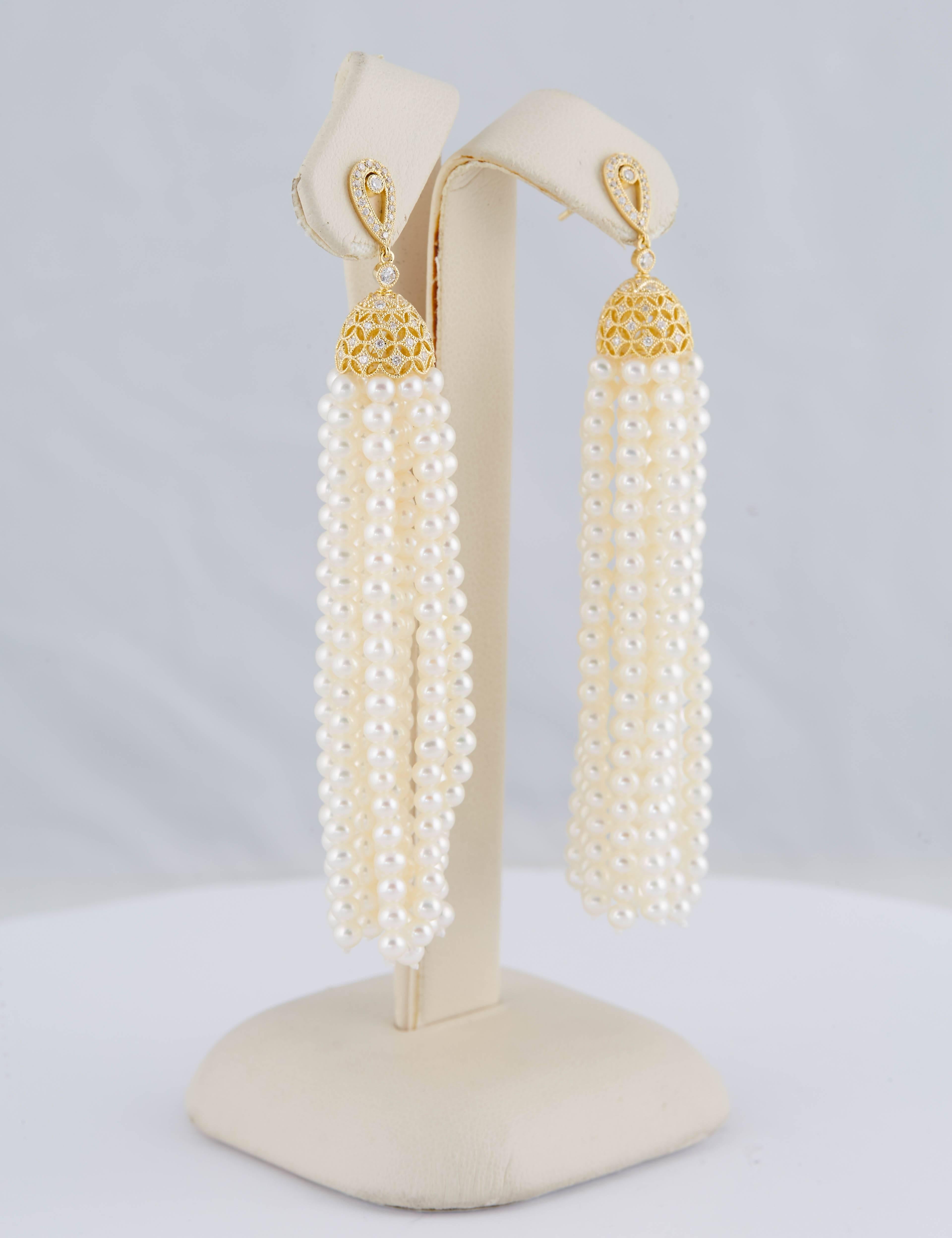 Women's Tassel Freshwater Pearl and Diamonds Dangle Earrings For Sale