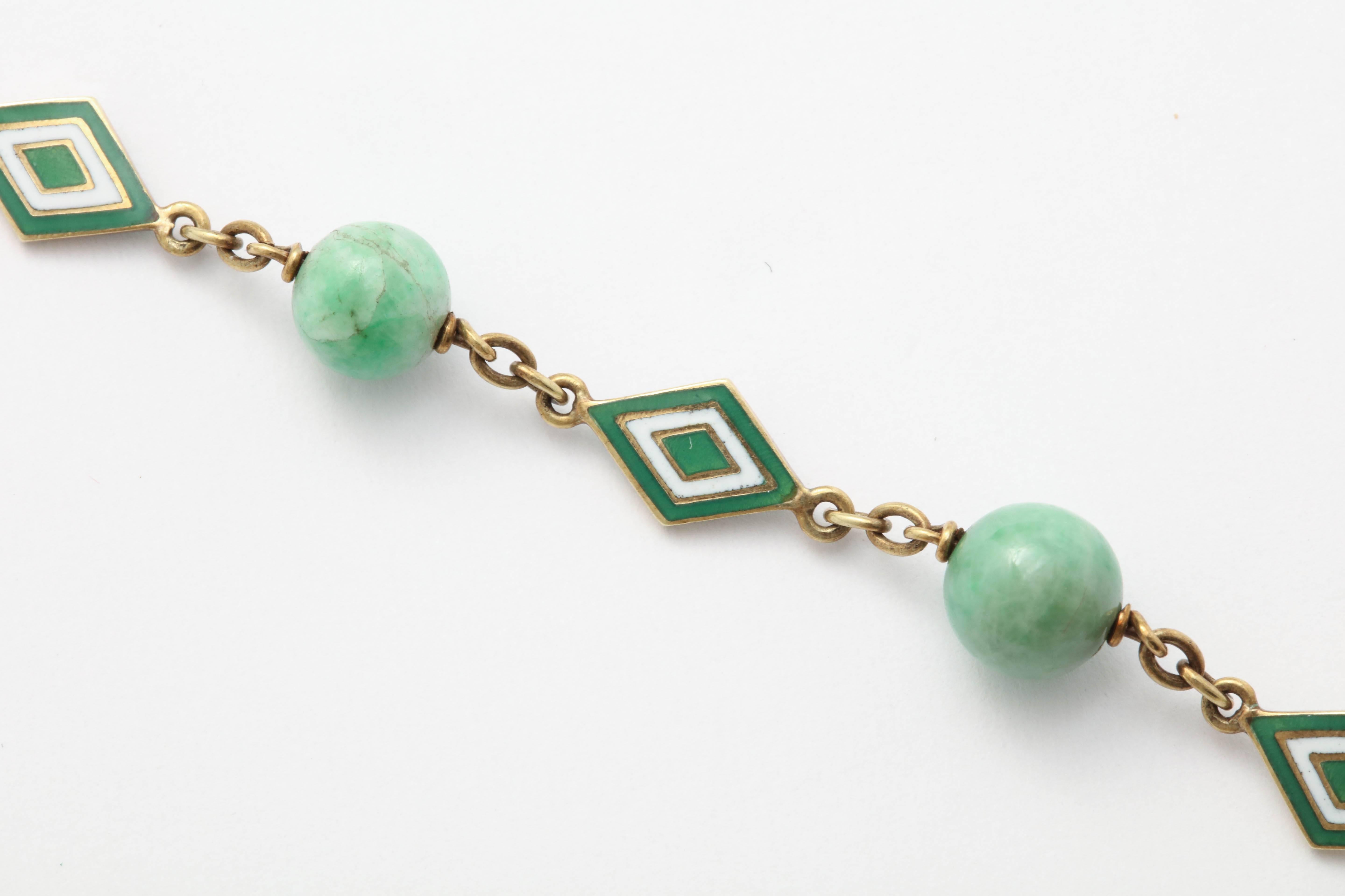 Jade and Enamel Art Deco Bracelet with Diamond Monogram Charm In Excellent Condition For Sale In New York, NY