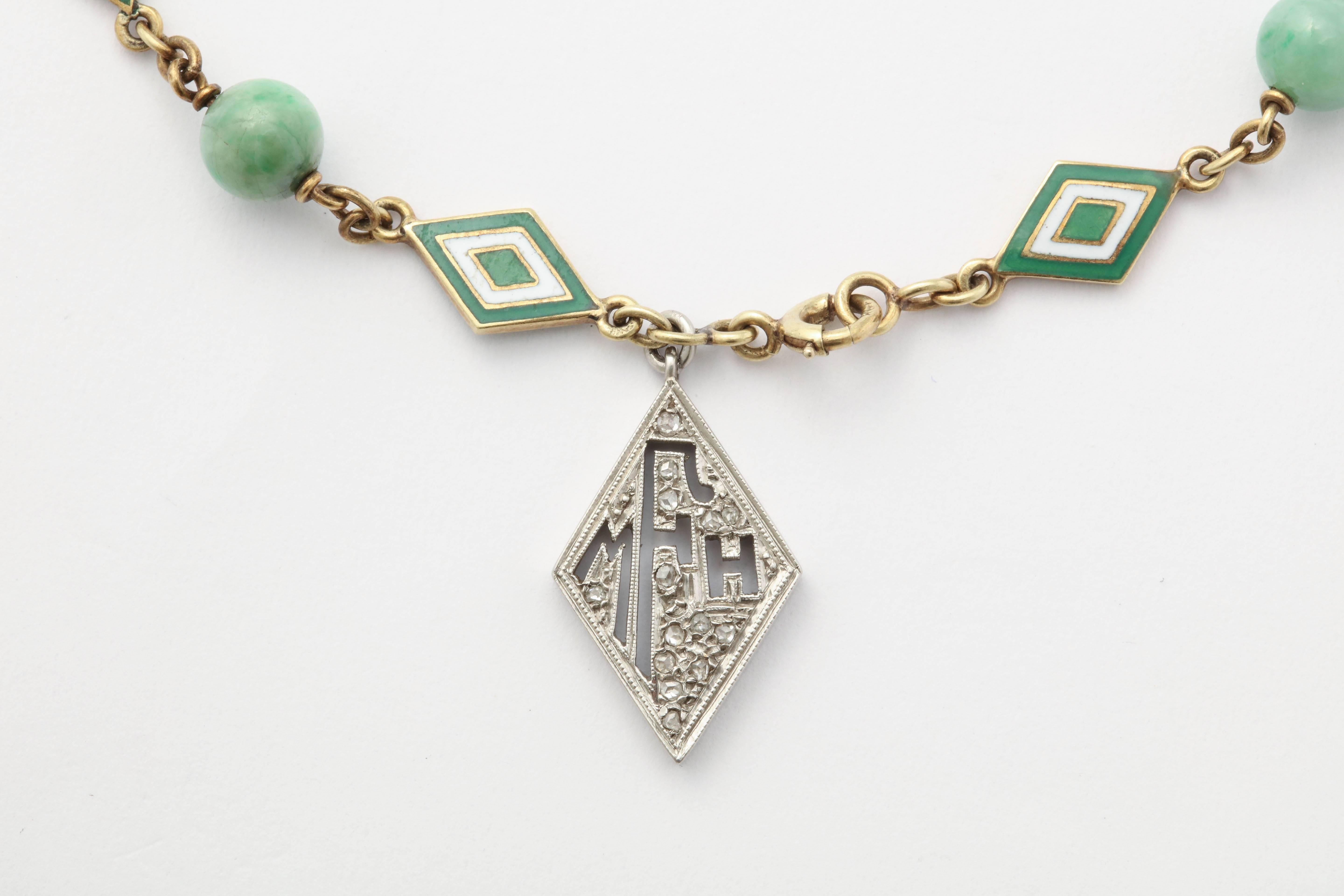 Women's Jade and Enamel Art Deco Bracelet with Diamond Monogram Charm For Sale
