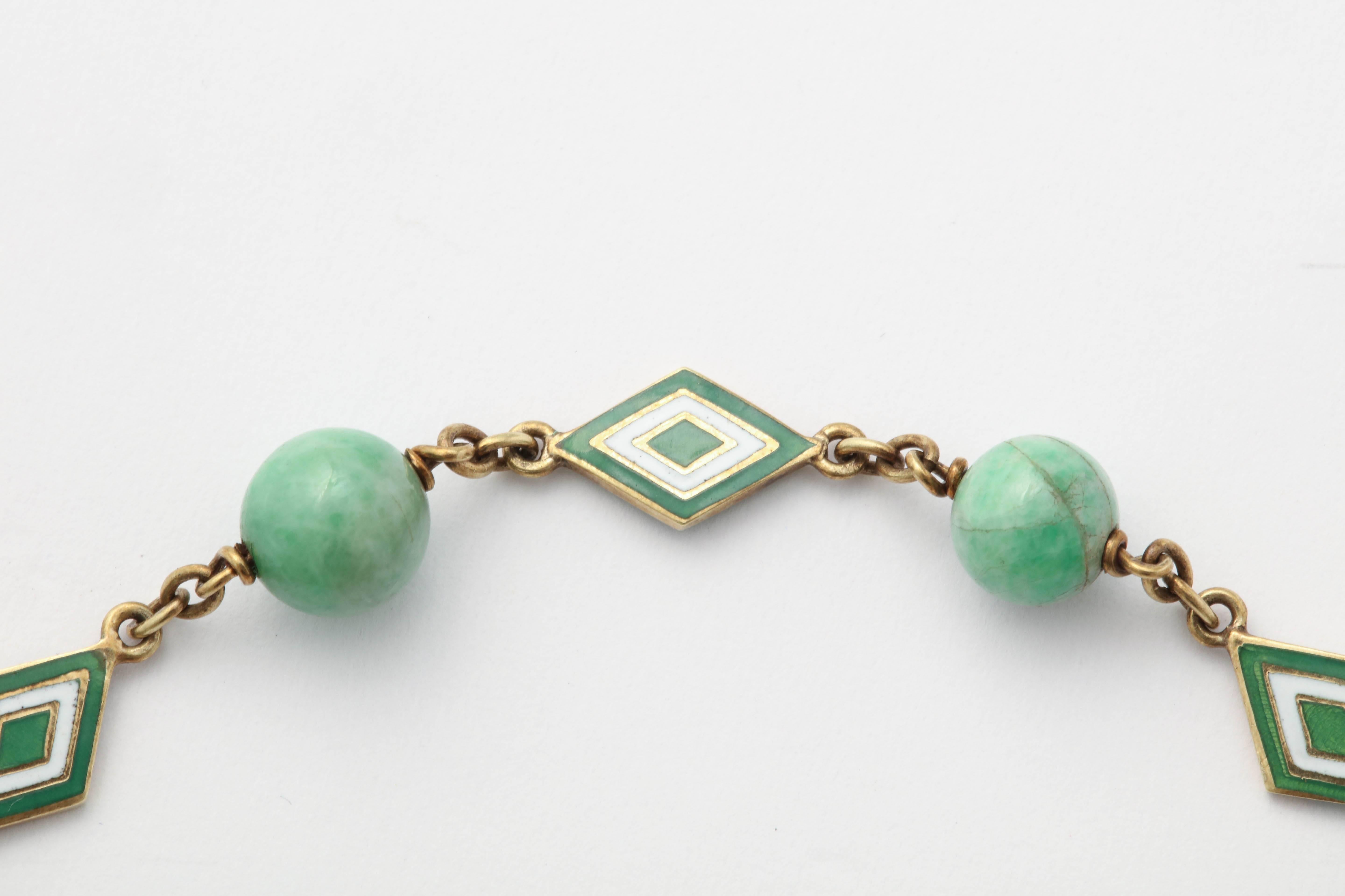 Jade and Enamel Art Deco Bracelet with Diamond Monogram Charm For Sale 1