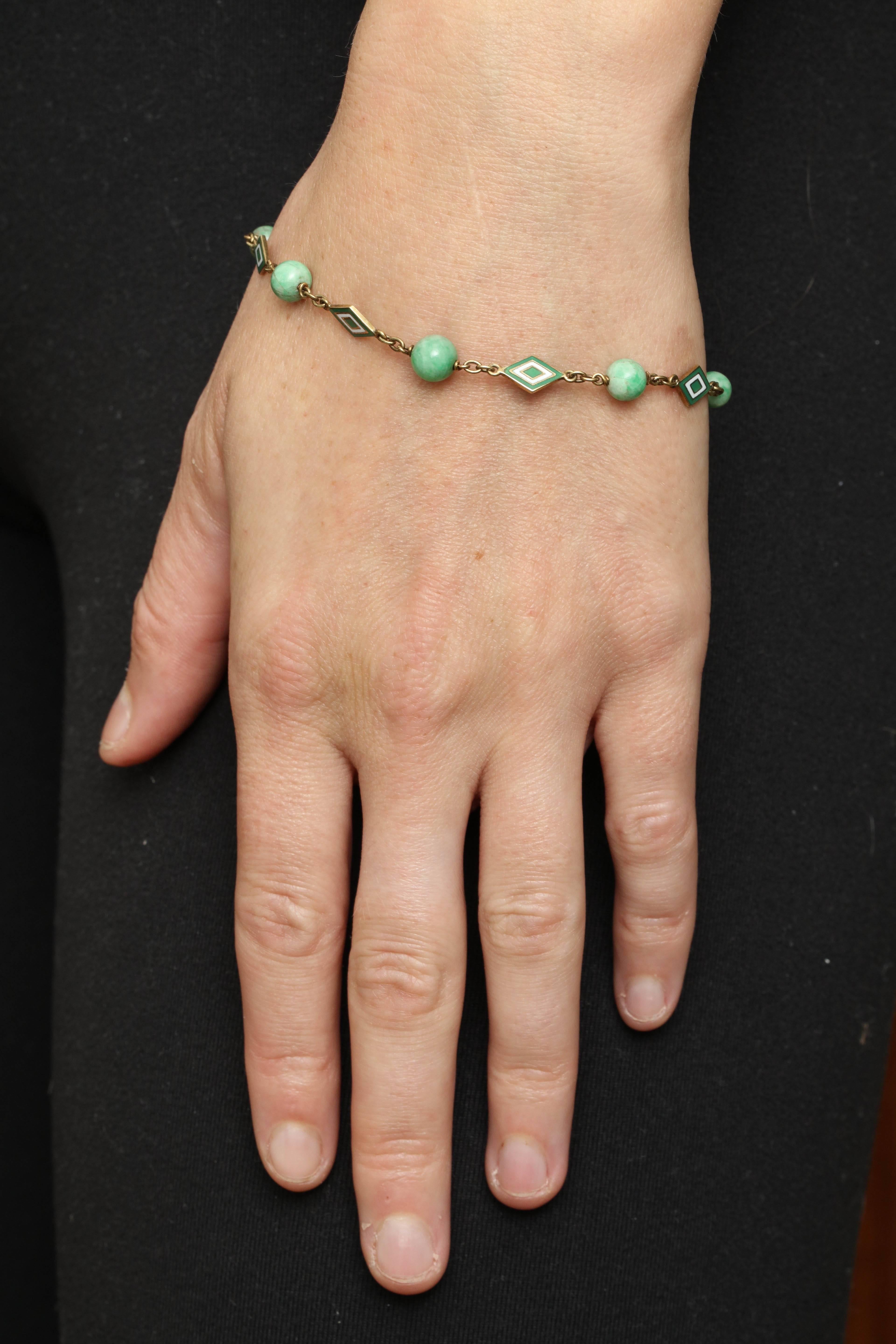 Jade and Enamel Art Deco Bracelet with Diamond Monogram Charm For Sale 2