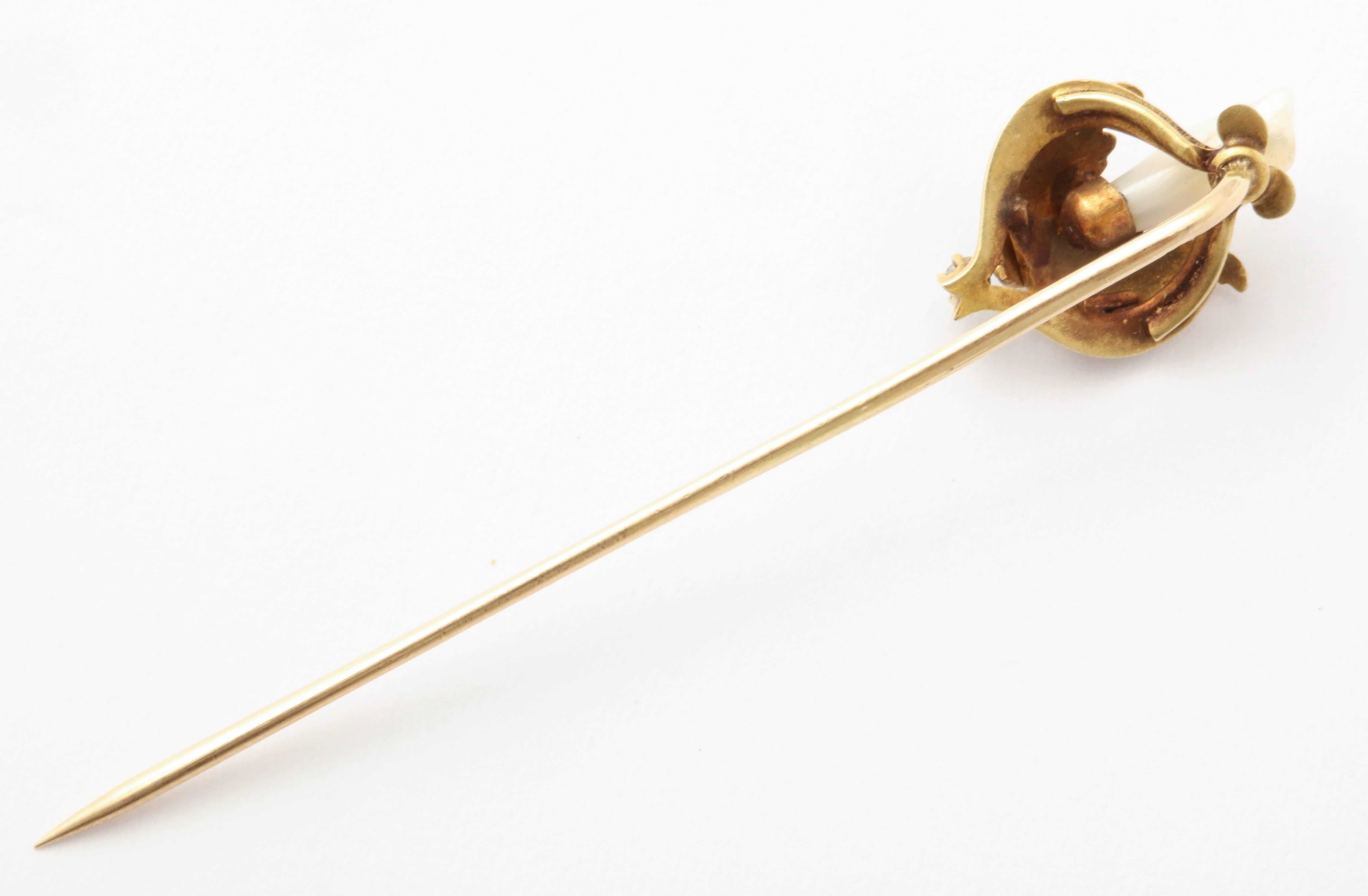 Women's or Men's Lovely Enameled Art Nouveau Stick Pin with Pearl and Diamond