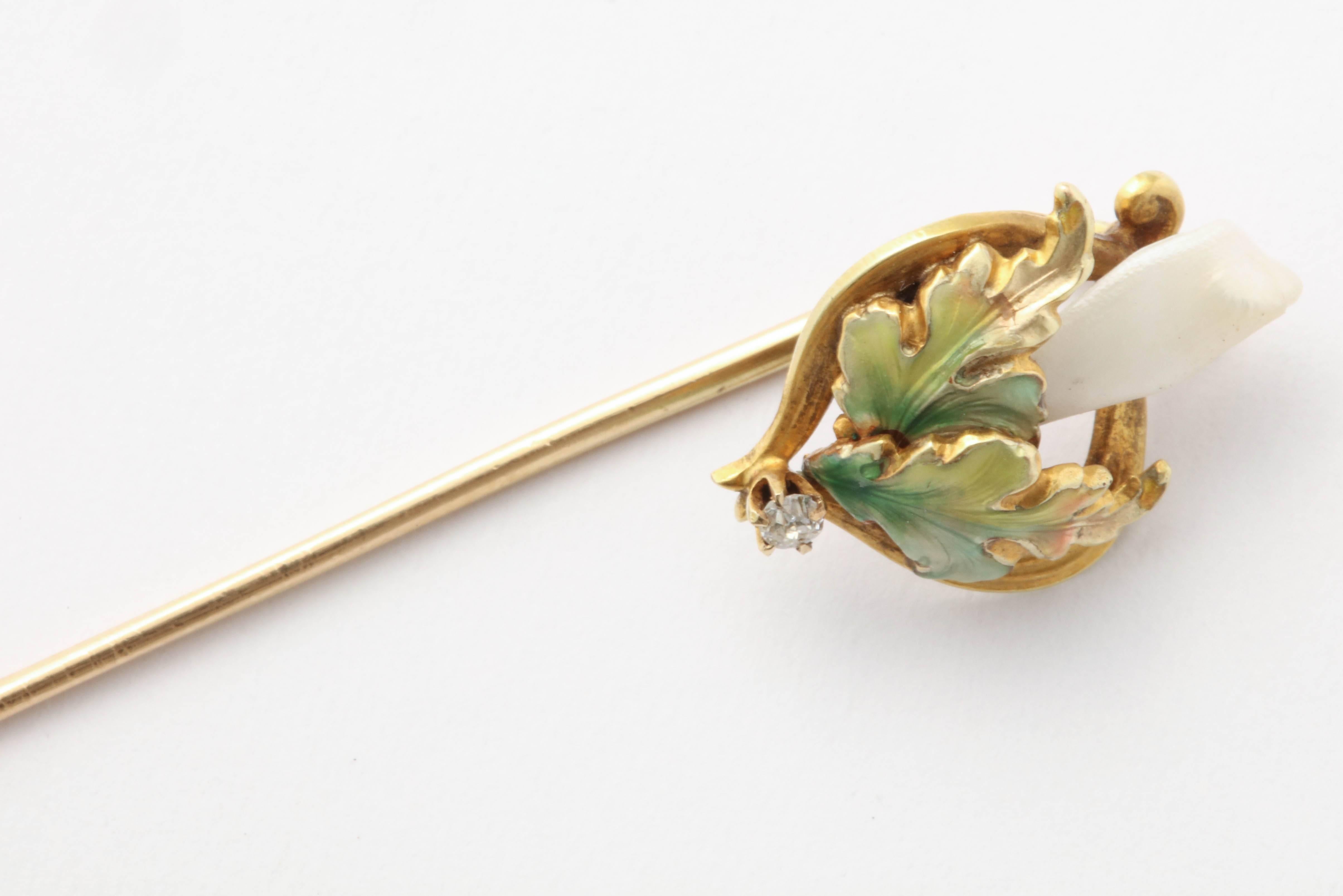Lovely Enameled Art Nouveau Stick Pin with Pearl and Diamond 1