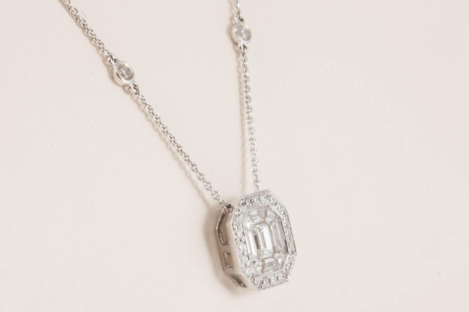 Art Deco Style Cut Cornered Emerald Cut Style Diamond Pendant in 18ct White Gold In New Condition For Sale In London, London