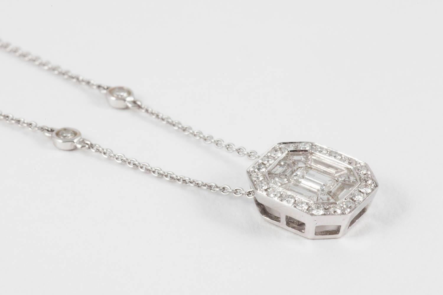 Women's or Men's Art Deco Style Cut Cornered Emerald Cut Style Diamond Pendant in 18ct White Gold For Sale