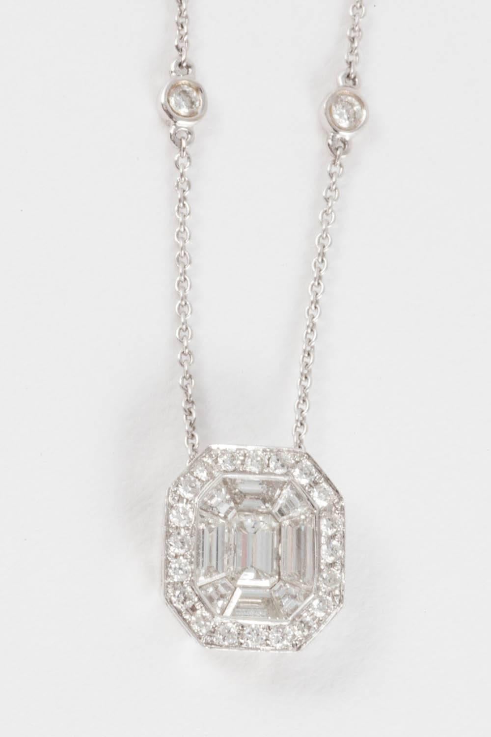 Art Deco Style Cut Cornered Emerald Cut Style Diamond Pendant in 18ct White Gold For Sale 1