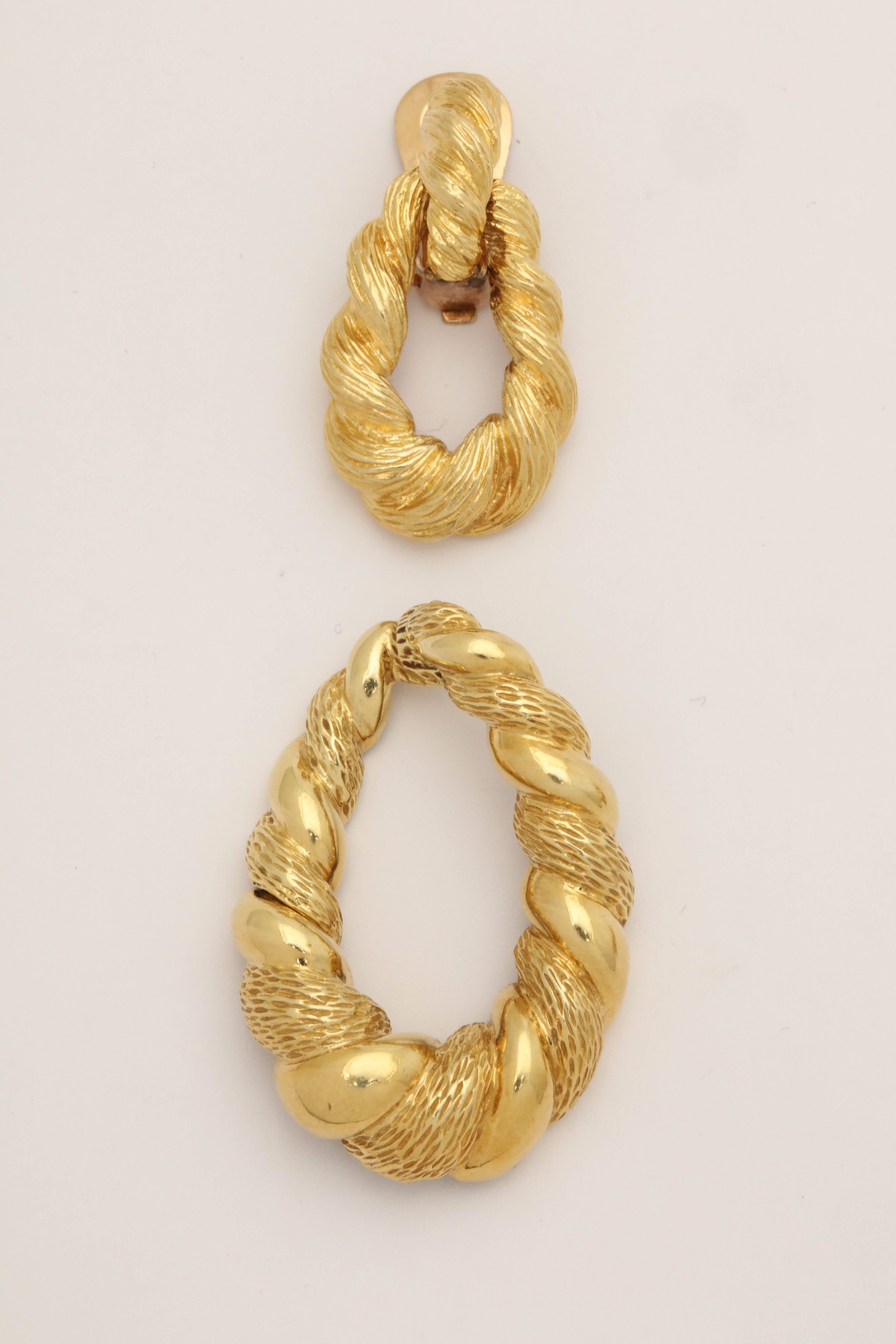 1970s Convertible Two Textured Gold Long Gold Doorknocker Loop Earrings 1