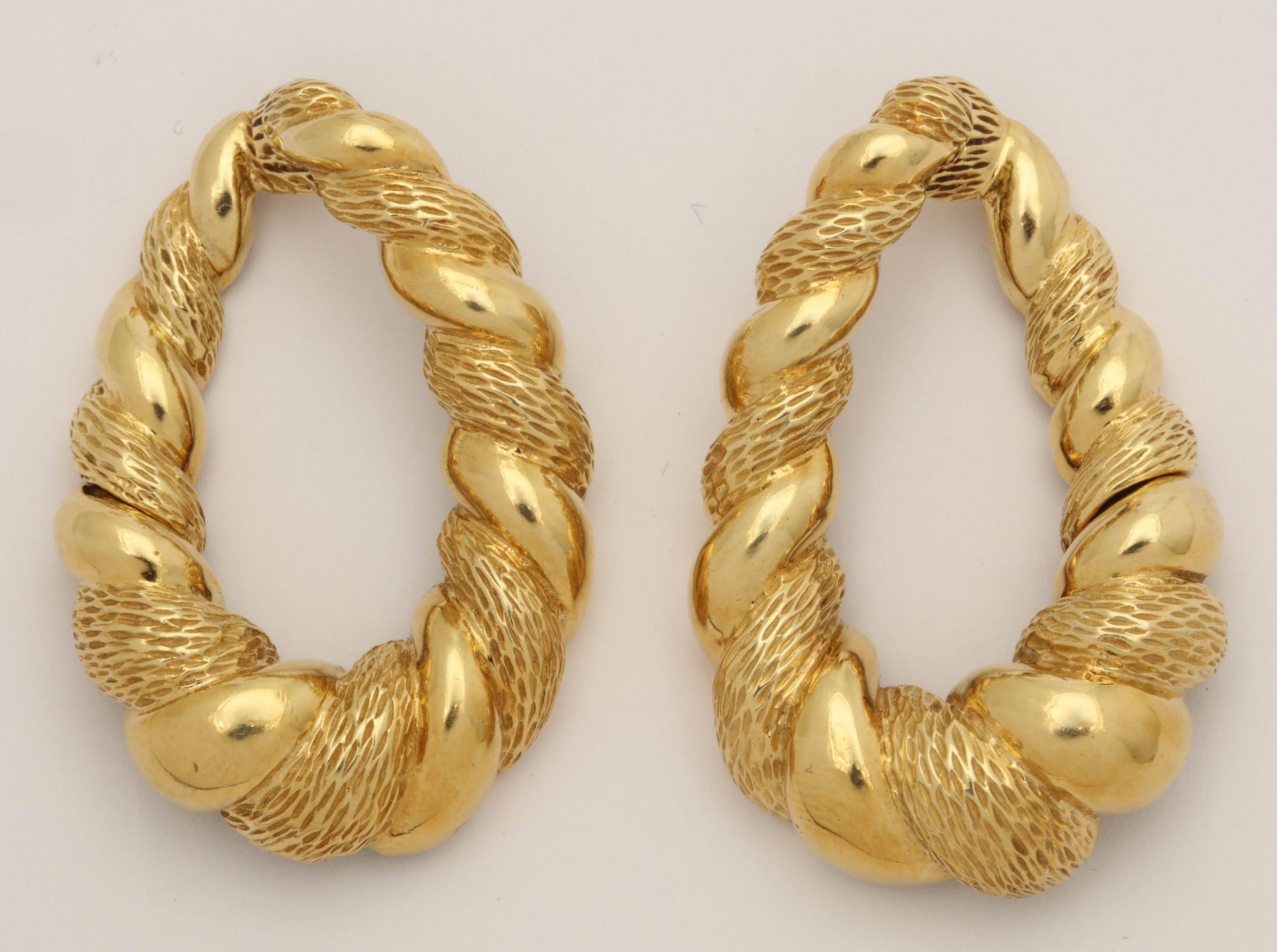 1970s Convertible Two Textured Gold Long Gold Doorknocker Loop Earrings 2