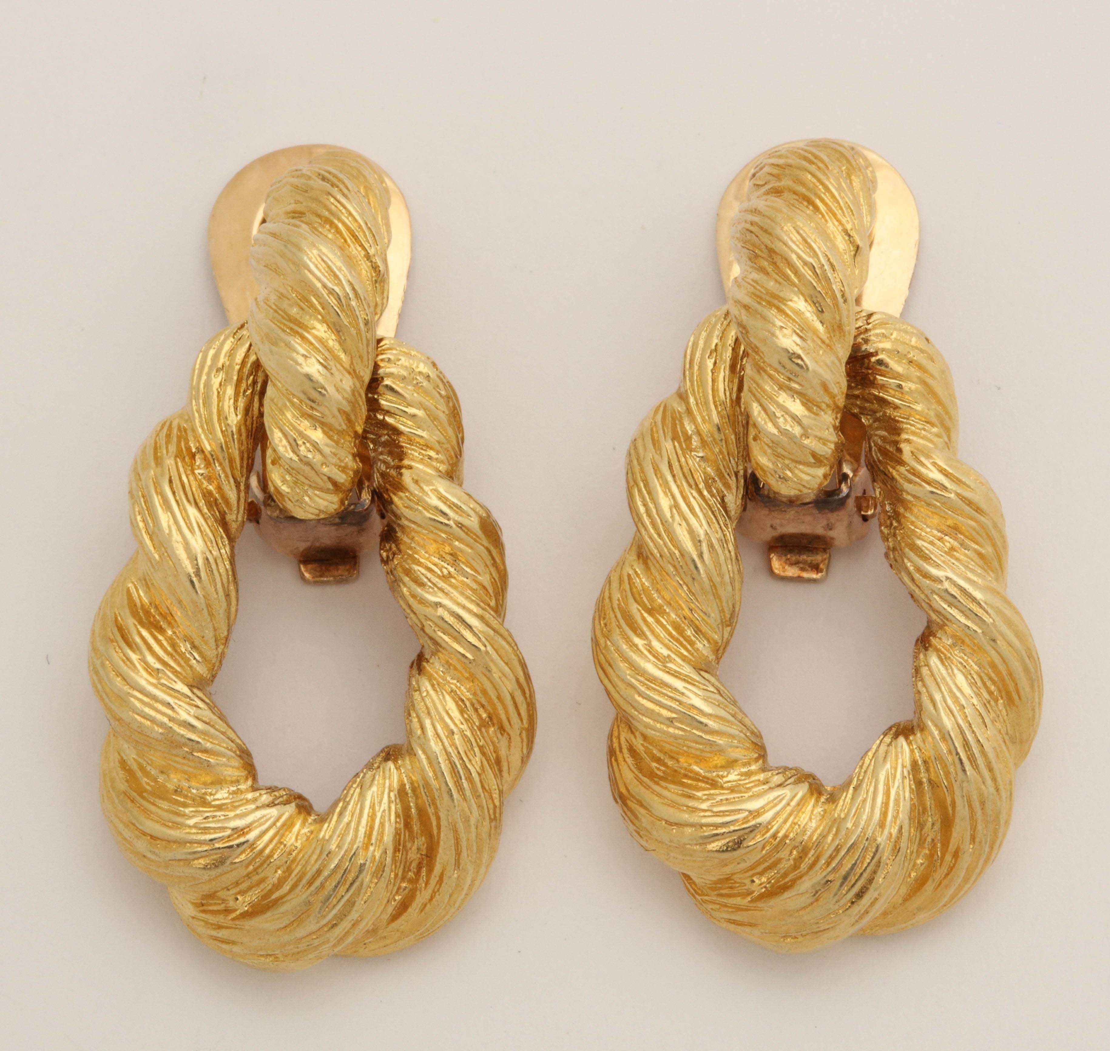 1970s Convertible Two Textured Gold Long Gold Doorknocker Loop Earrings 3
