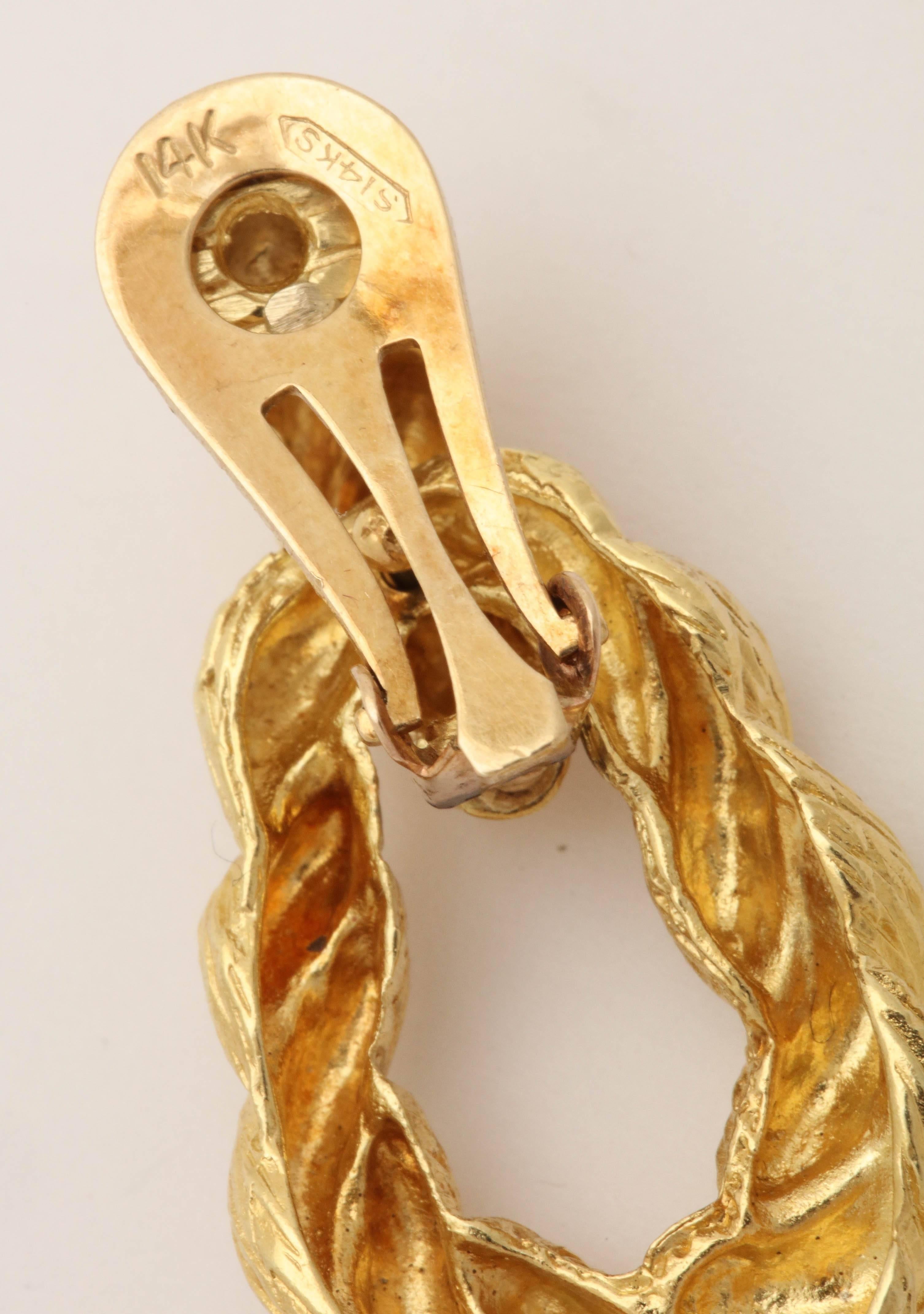 1970s Convertible Two Textured Gold Long Gold Doorknocker Loop Earrings 4
