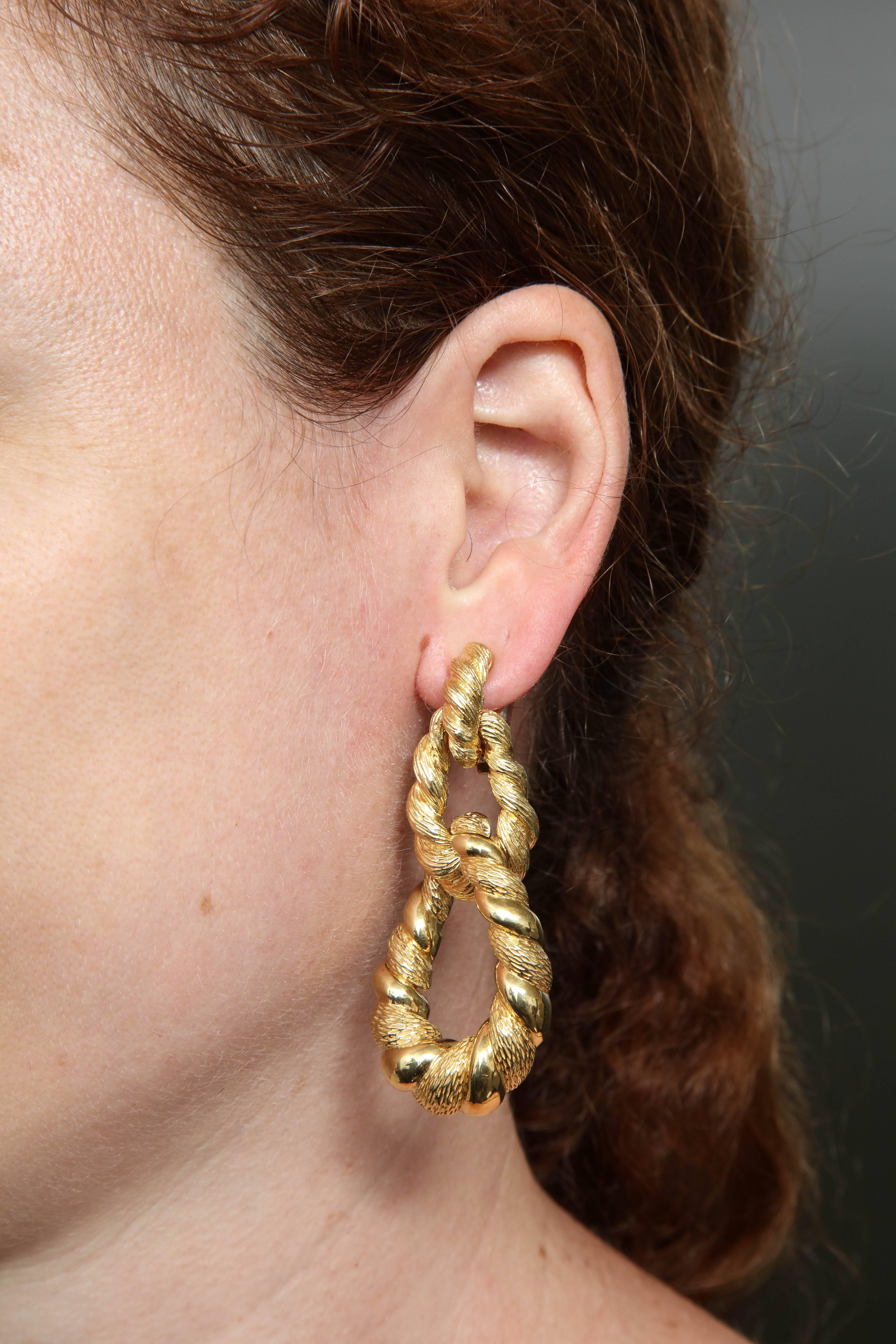 1970s Convertible Two Textured Gold Long Gold Doorknocker Loop Earrings 6