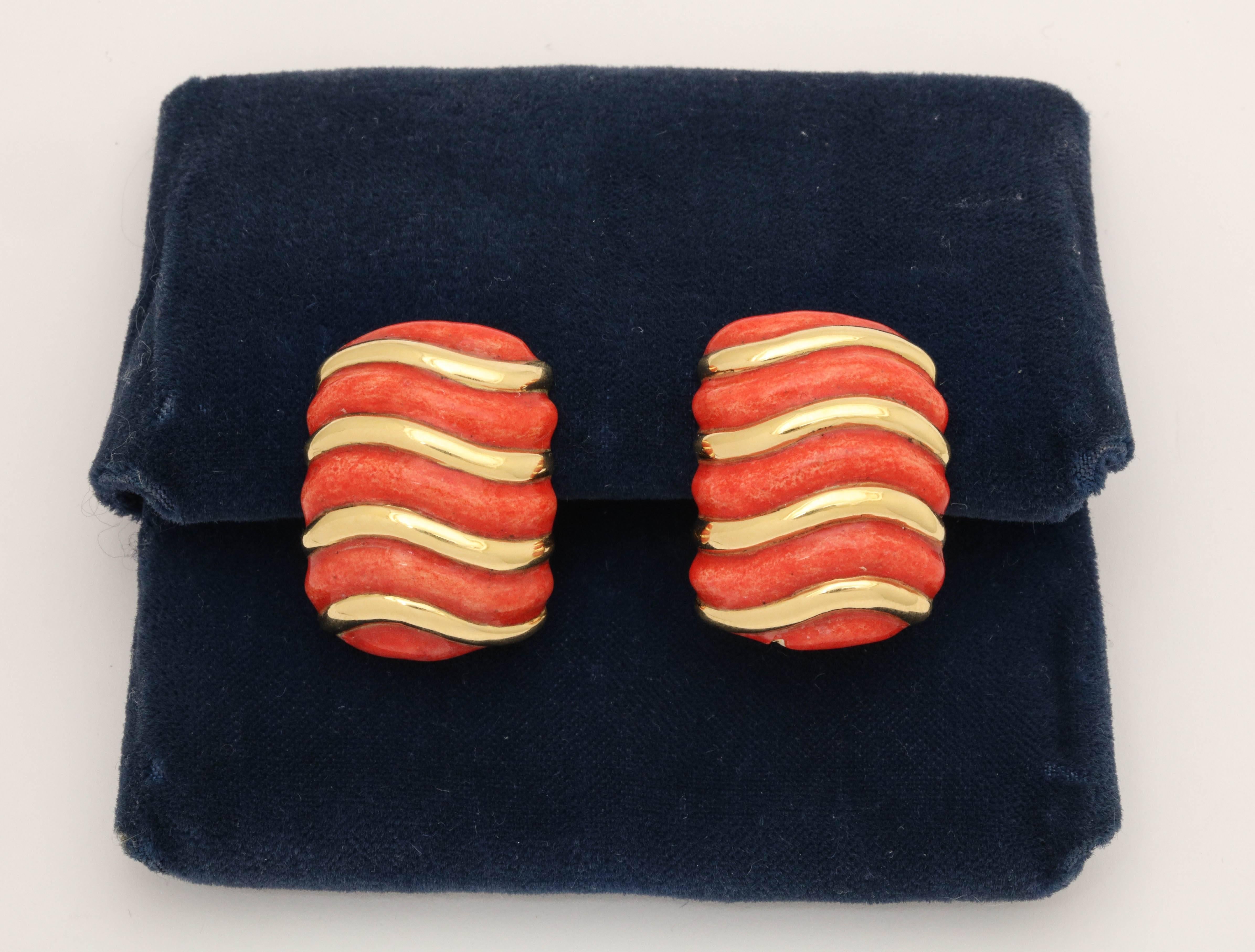 One Pair Of Ladies 18kt Yellow Gold Chic Coral Orange Color Enamel "Waves" Design Earclips Created With Alternating Wave Patterns Of 18kt Yellow Gold And Orange Enamel Asymmetrical Stripes.Made With Large Clip On Omega Backs And Posts For