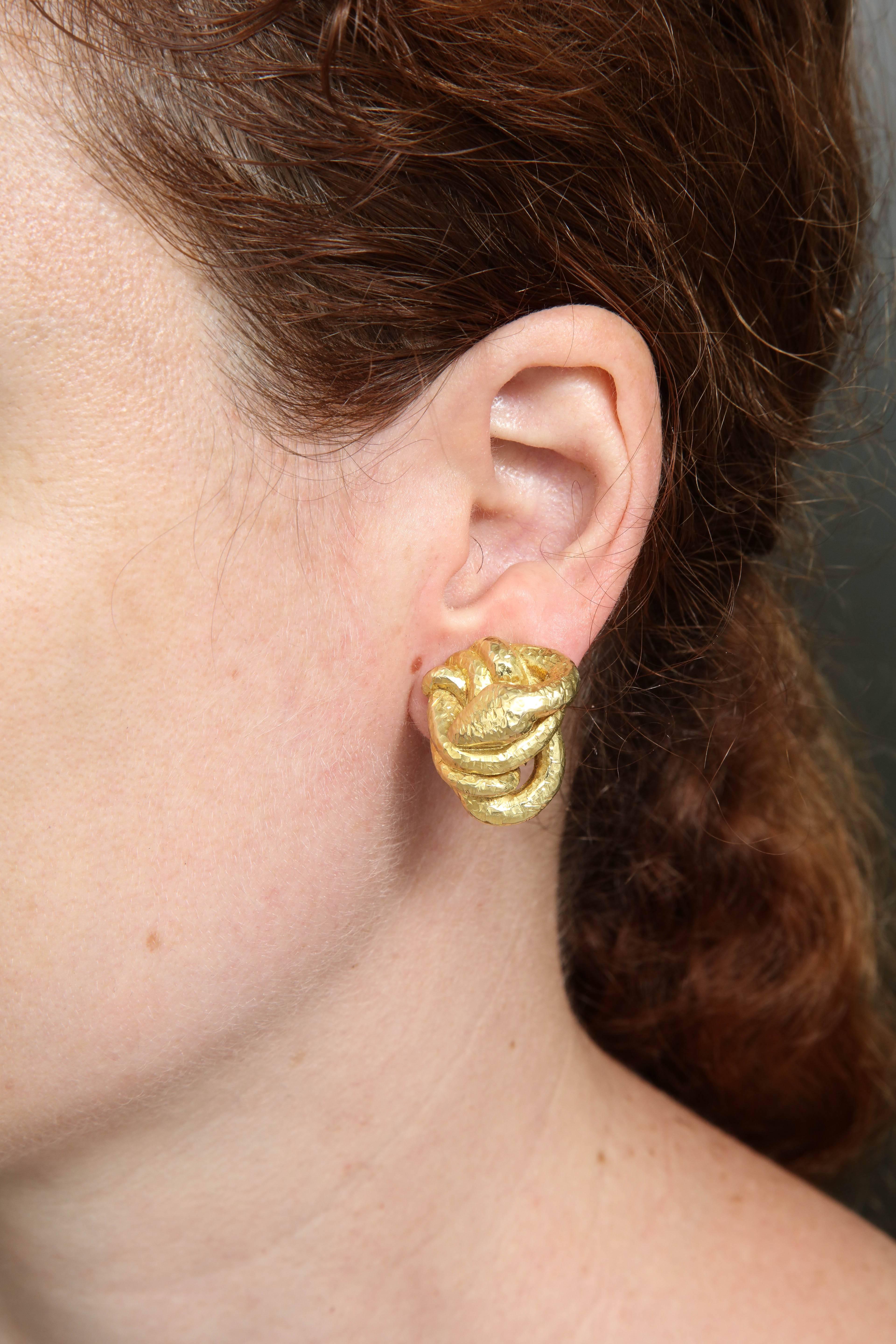 1970s French Figural Coiled Serpent Hand-Hammered Gold Clip on Earrings 2