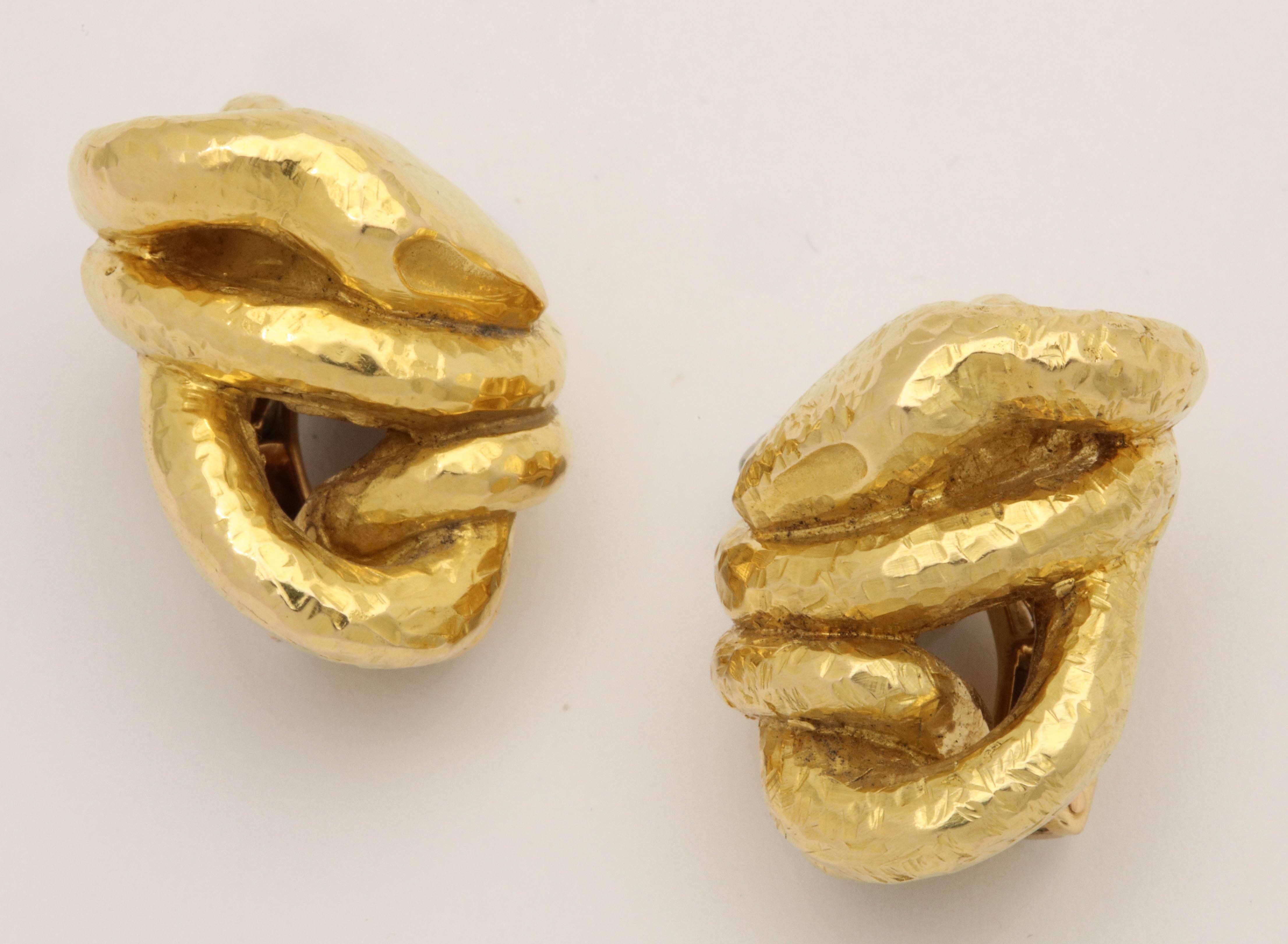 1970s French Figural Coiled Serpent Hand-Hammered Gold Clip on Earrings 3