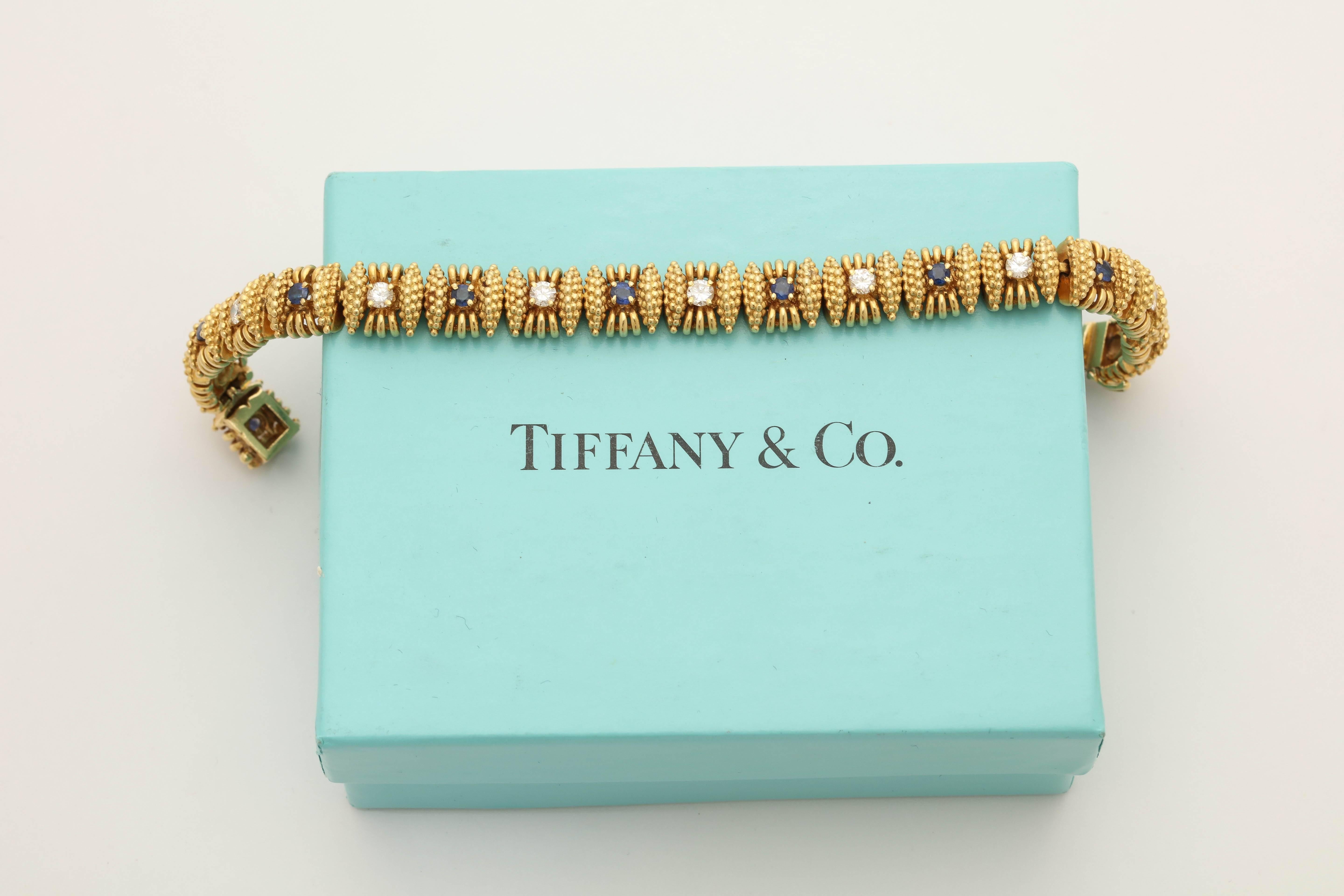 1950s Tiffany & Co. Sapphire with Diamonds Textured Gold Flexible Bracelet In Excellent Condition In New York, NY