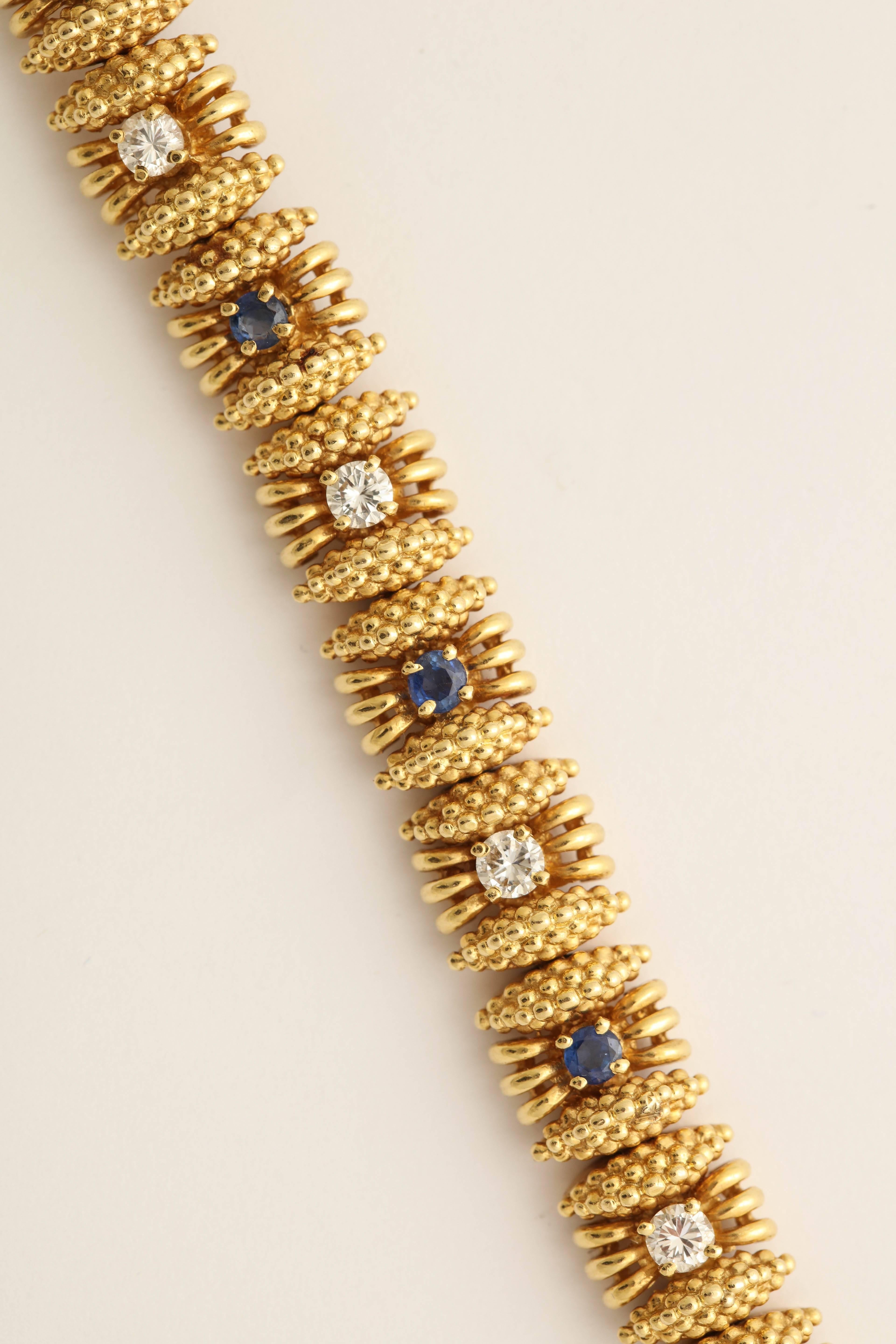 Women's 1950s Tiffany & Co. Sapphire with Diamonds Textured Gold Flexible Bracelet