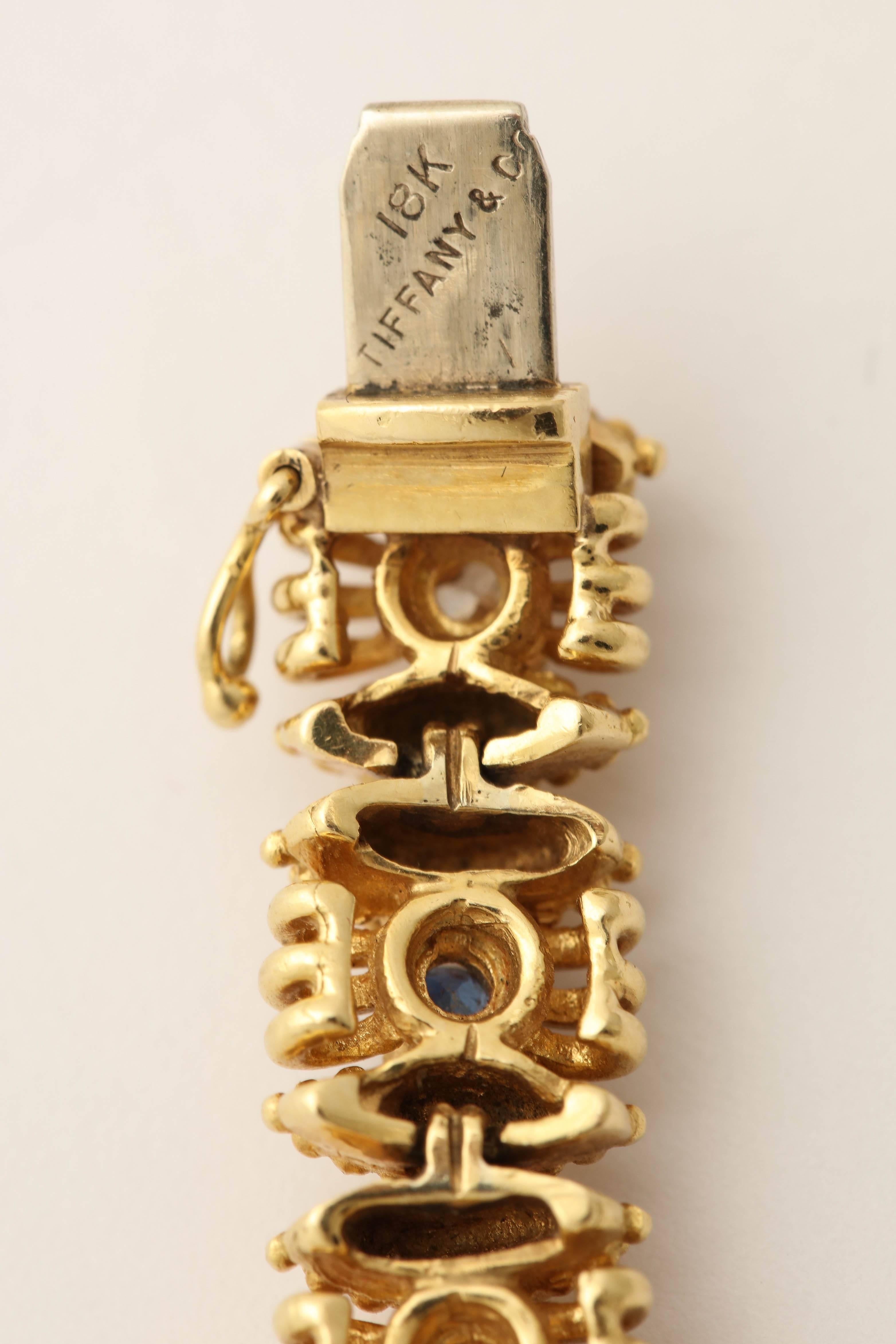 1950s Tiffany & Co. Sapphire with Diamonds Textured Gold Flexible Bracelet 3