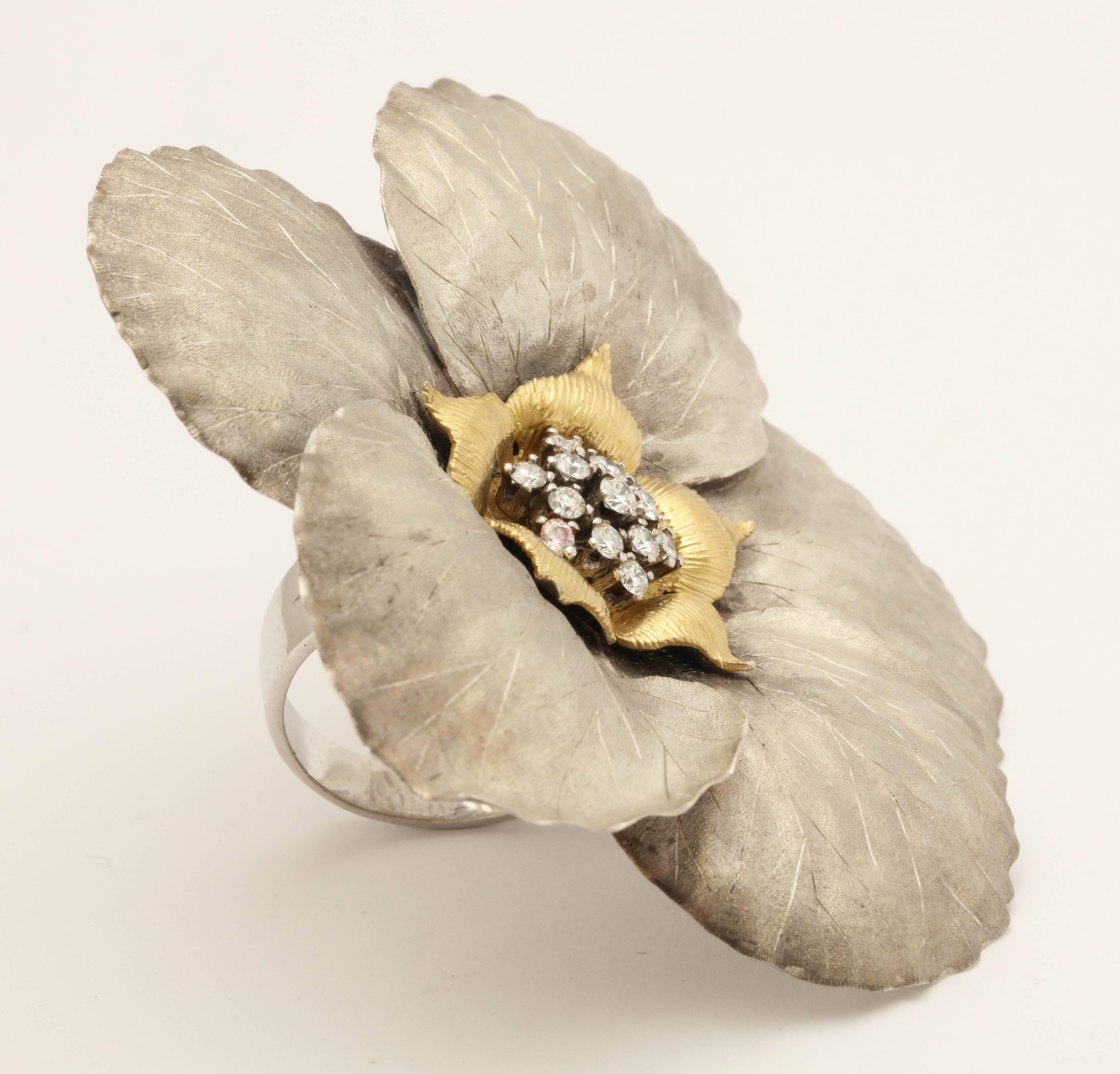 1980s Five Pedal and Diamond Pistils Large White and Yellow Gold Flower Ring 1