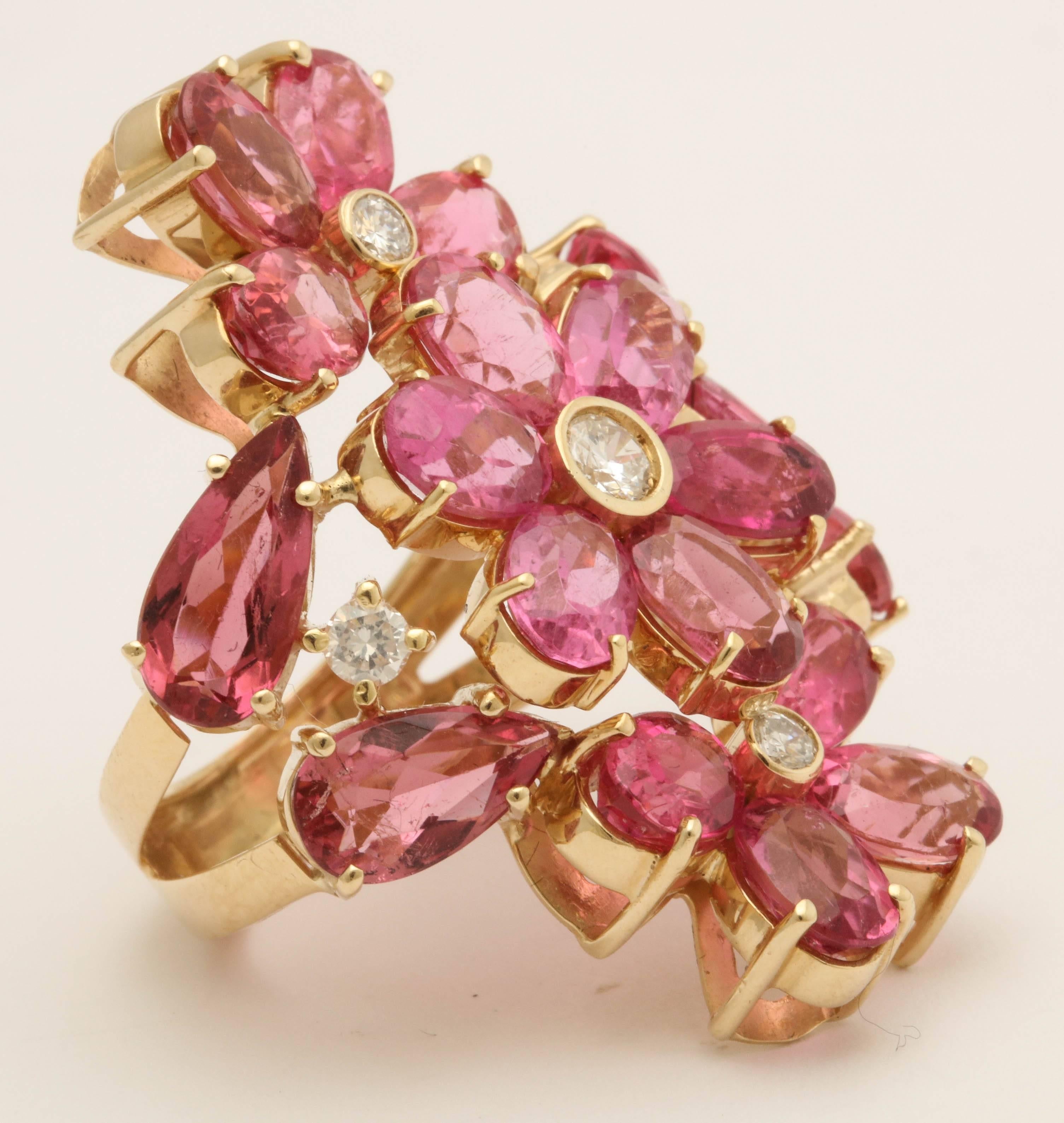 1950s Natural Intense Pink Tourmaline with Diamonds Large Floral Cocktail Ring In Excellent Condition In New York, NY