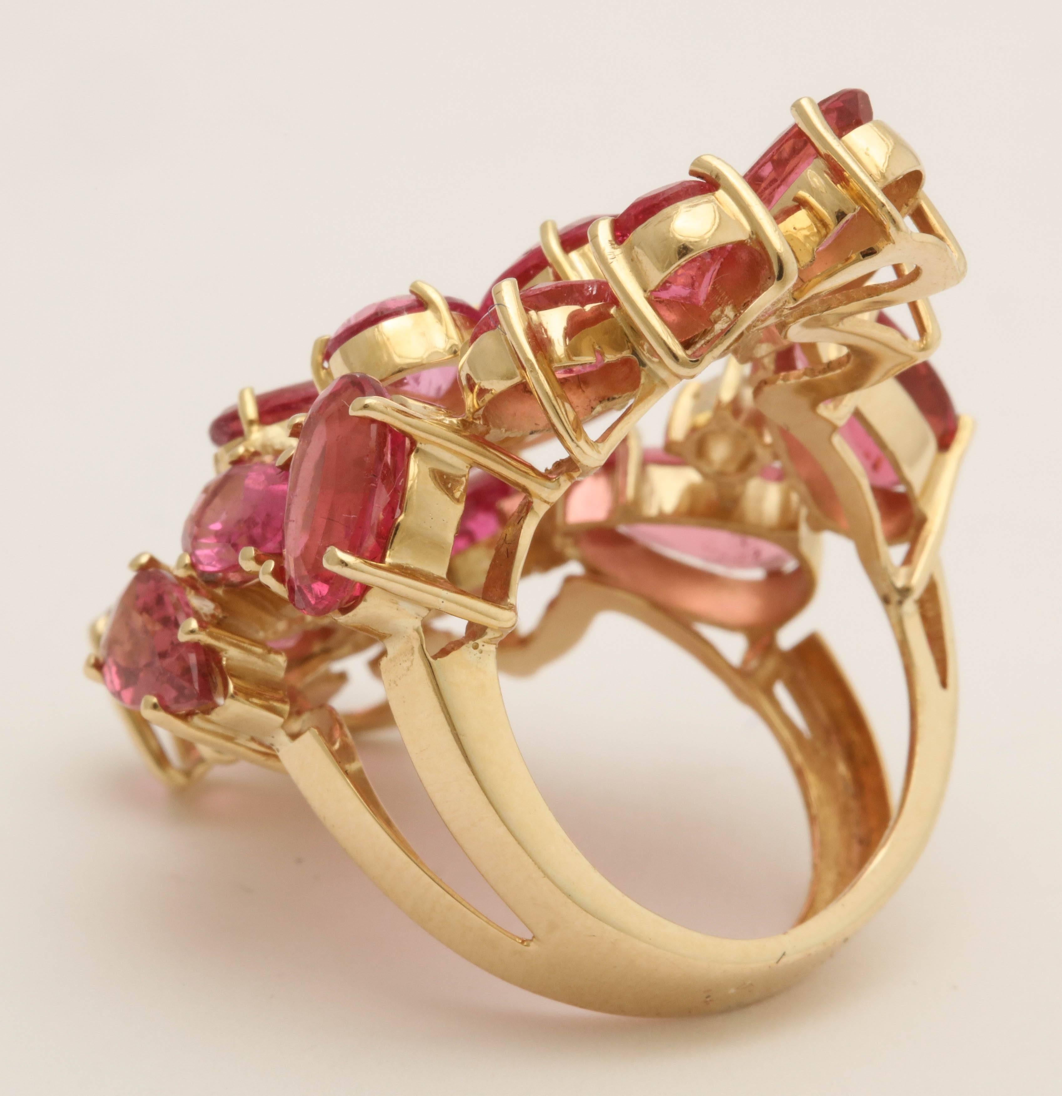 Women's 1950s Natural Intense Pink Tourmaline with Diamonds Large Floral Cocktail Ring
