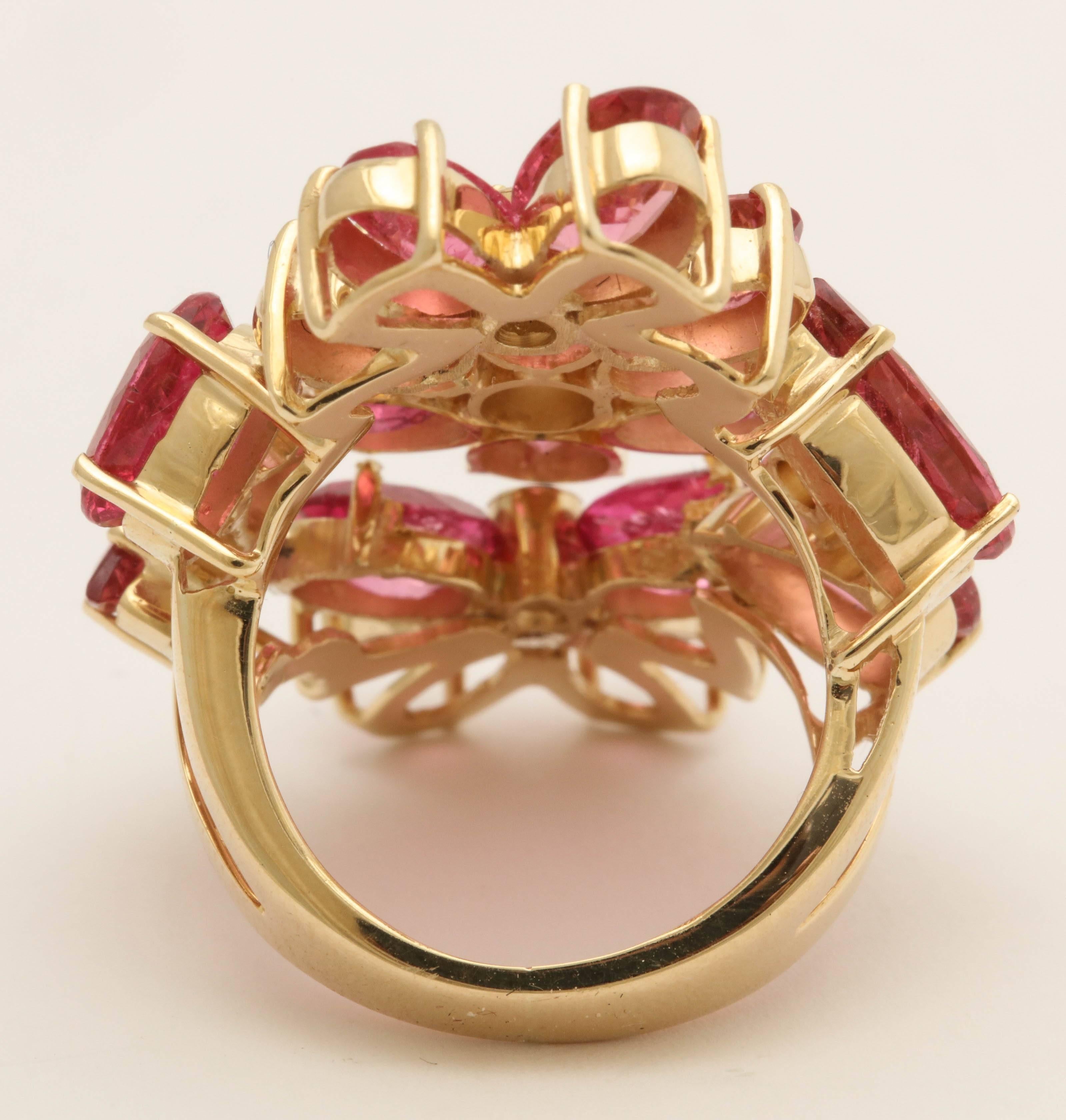 1950s Natural Intense Pink Tourmaline with Diamonds Large Floral Cocktail Ring 1