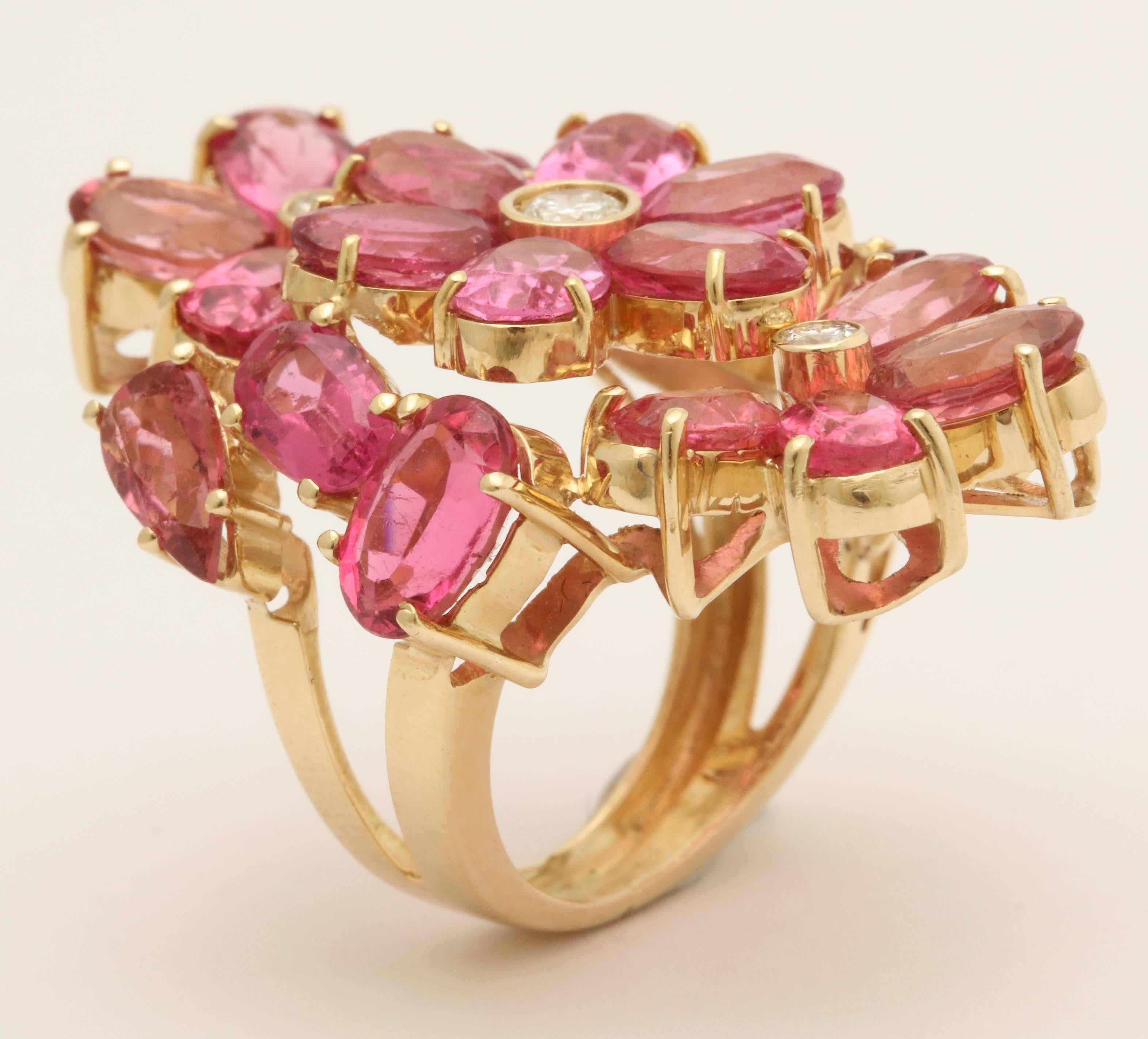 1950s Natural Intense Pink Tourmaline with Diamonds Large Floral Cocktail Ring 2