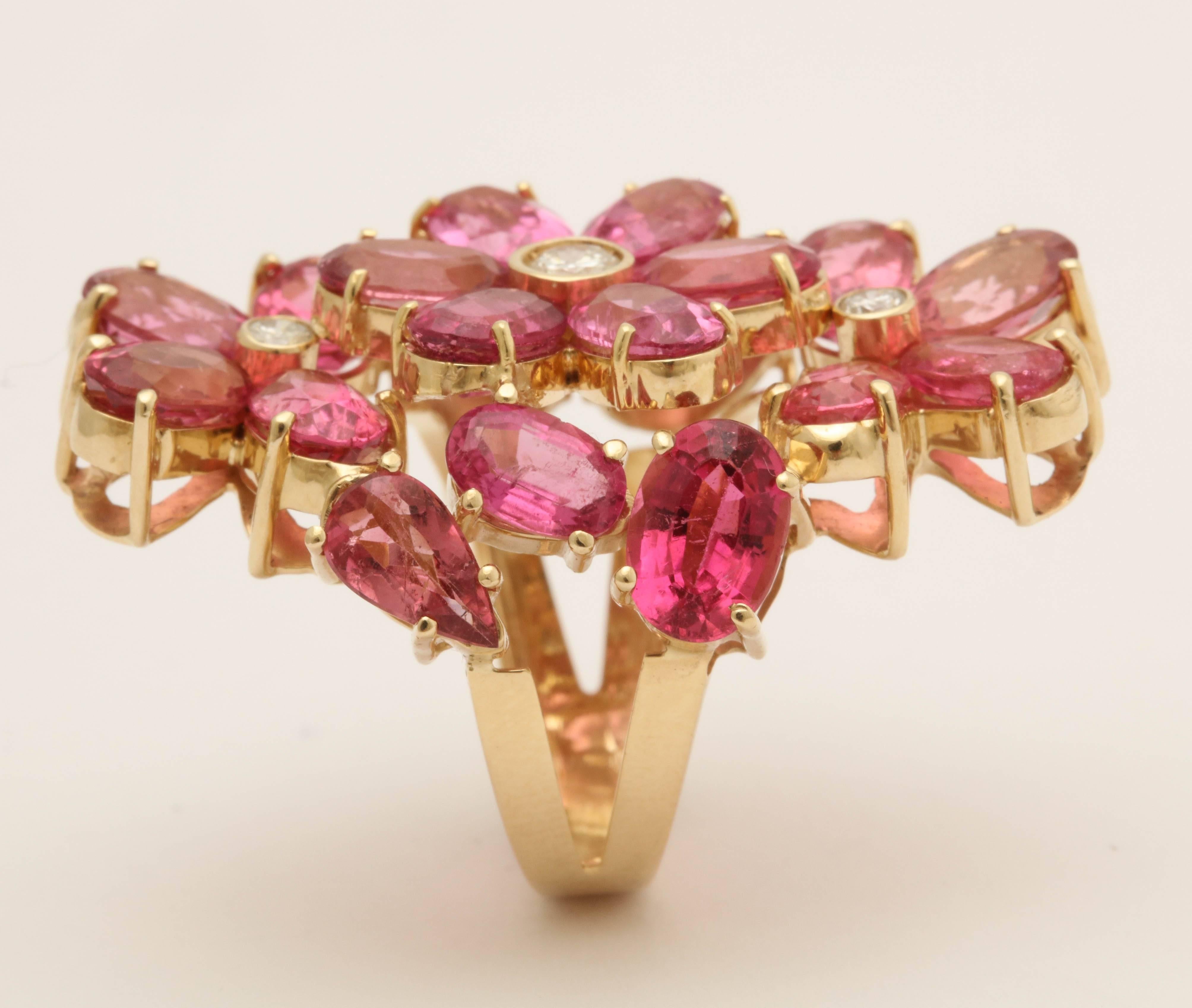 1950s Natural Intense Pink Tourmaline with Diamonds Large Floral Cocktail Ring 3