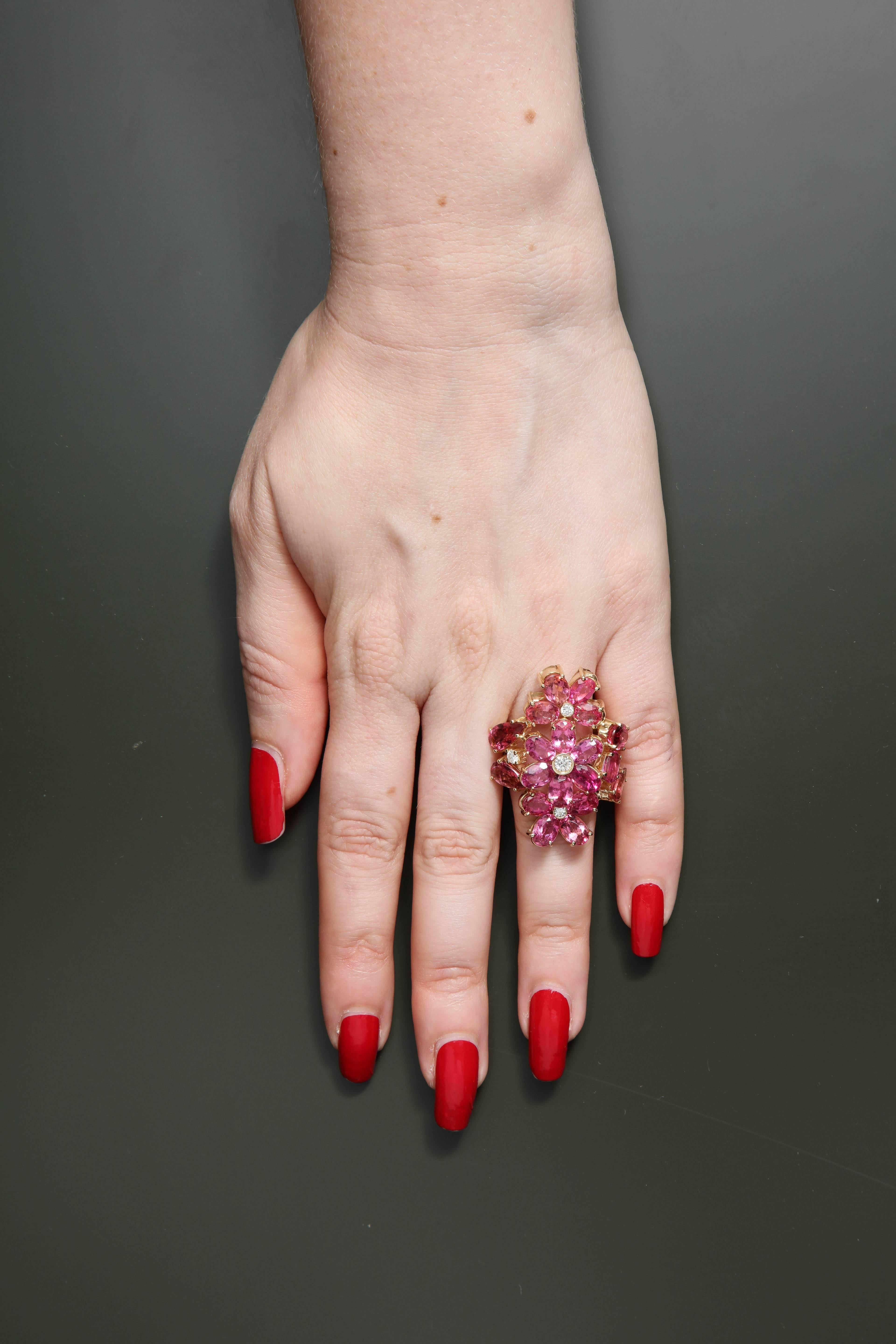 1950s Natural Intense Pink Tourmaline with Diamonds Large Floral Cocktail Ring 4