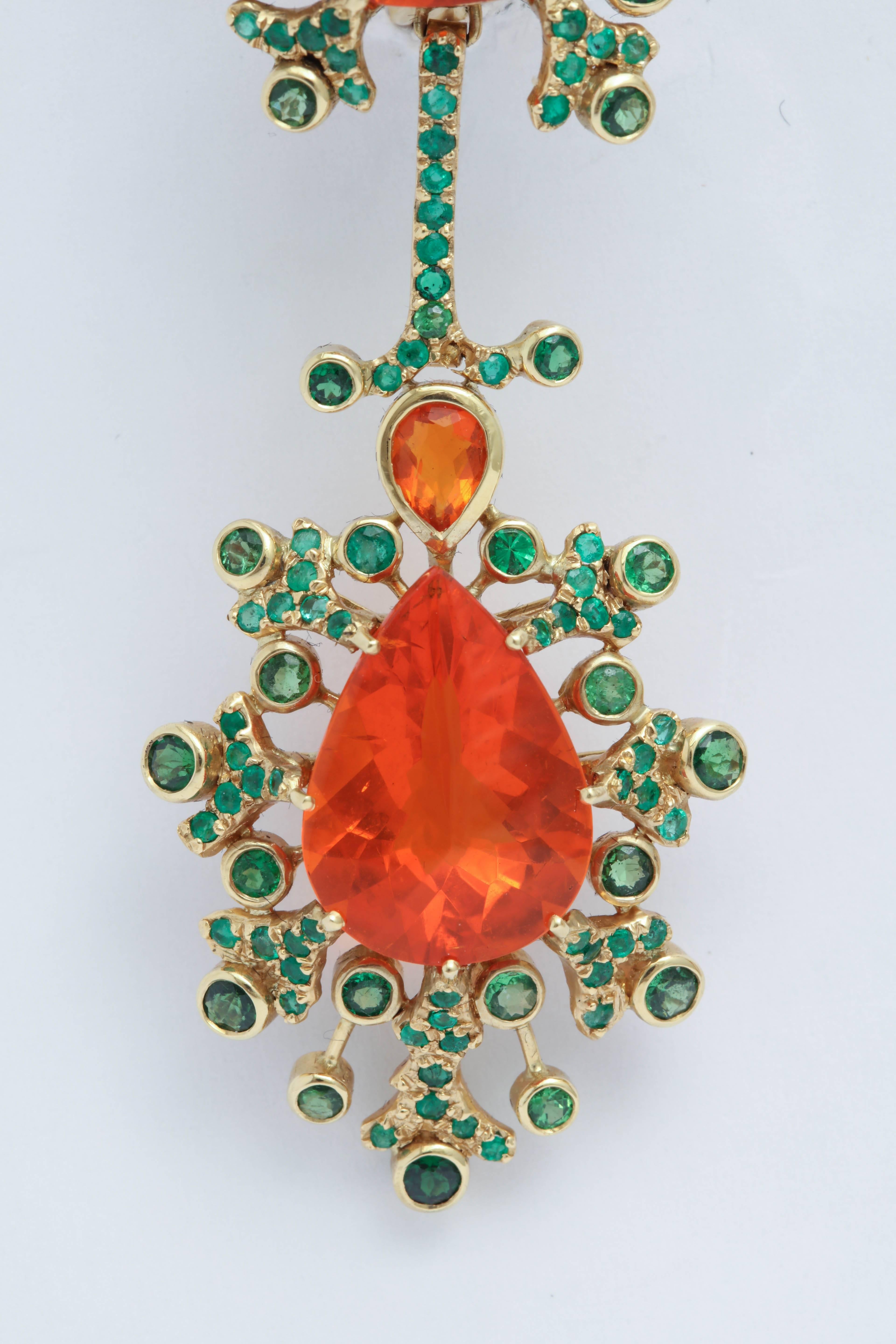 Marilyn Cooperman Fire Opal and Tsavorite Drop Earrings In Excellent Condition For Sale In New York, NY