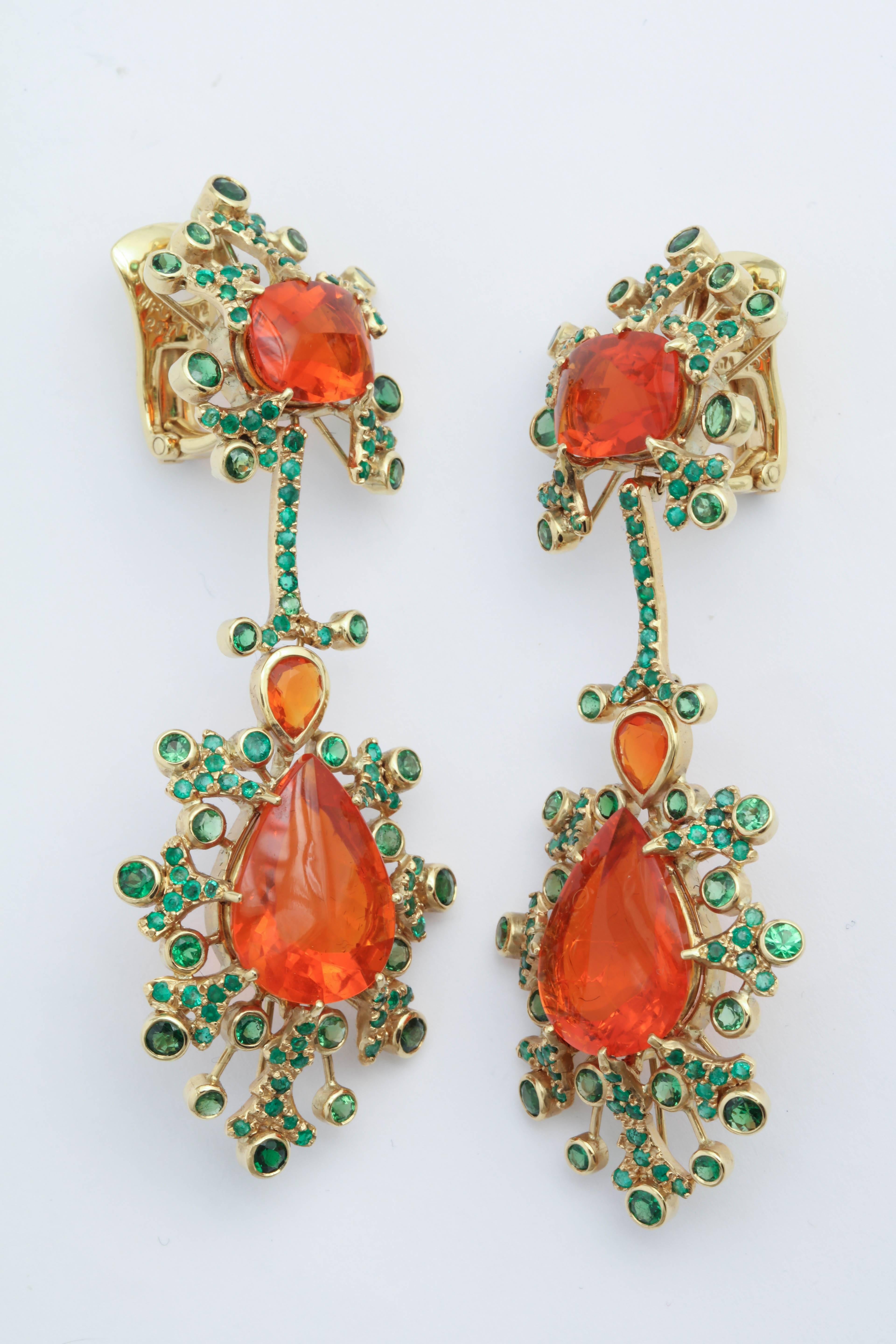 Marilyn Cooperman Fire Opal and Tsavorite Drop Earrings For Sale 3