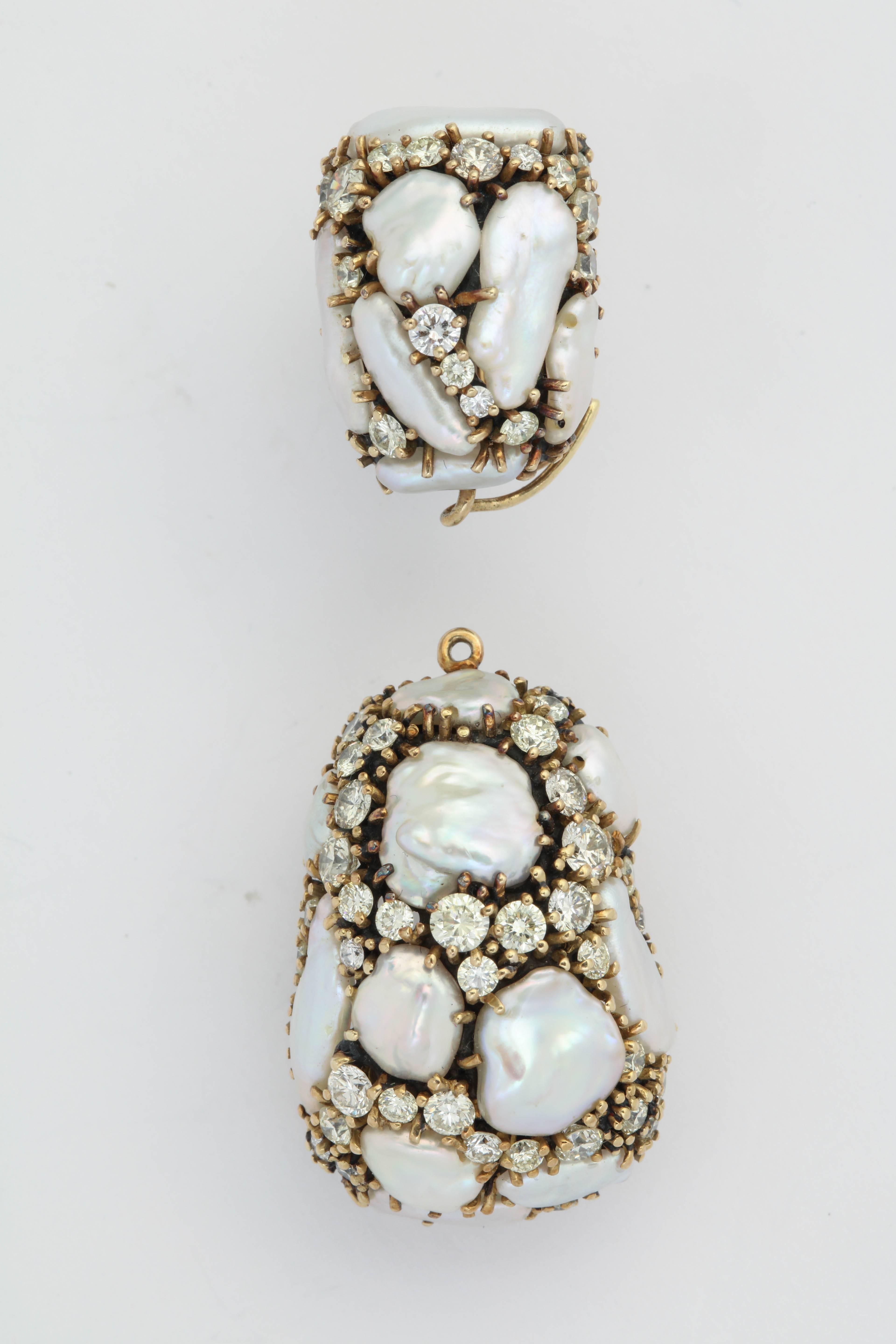 Elegant Day/Night Keshi Earrings - totaling 30.6 Grains and full cut clean white Diamonds totaling 6.70cts giving a snow white  luster.  Can't miss.  Such a great look - and truly unique. 