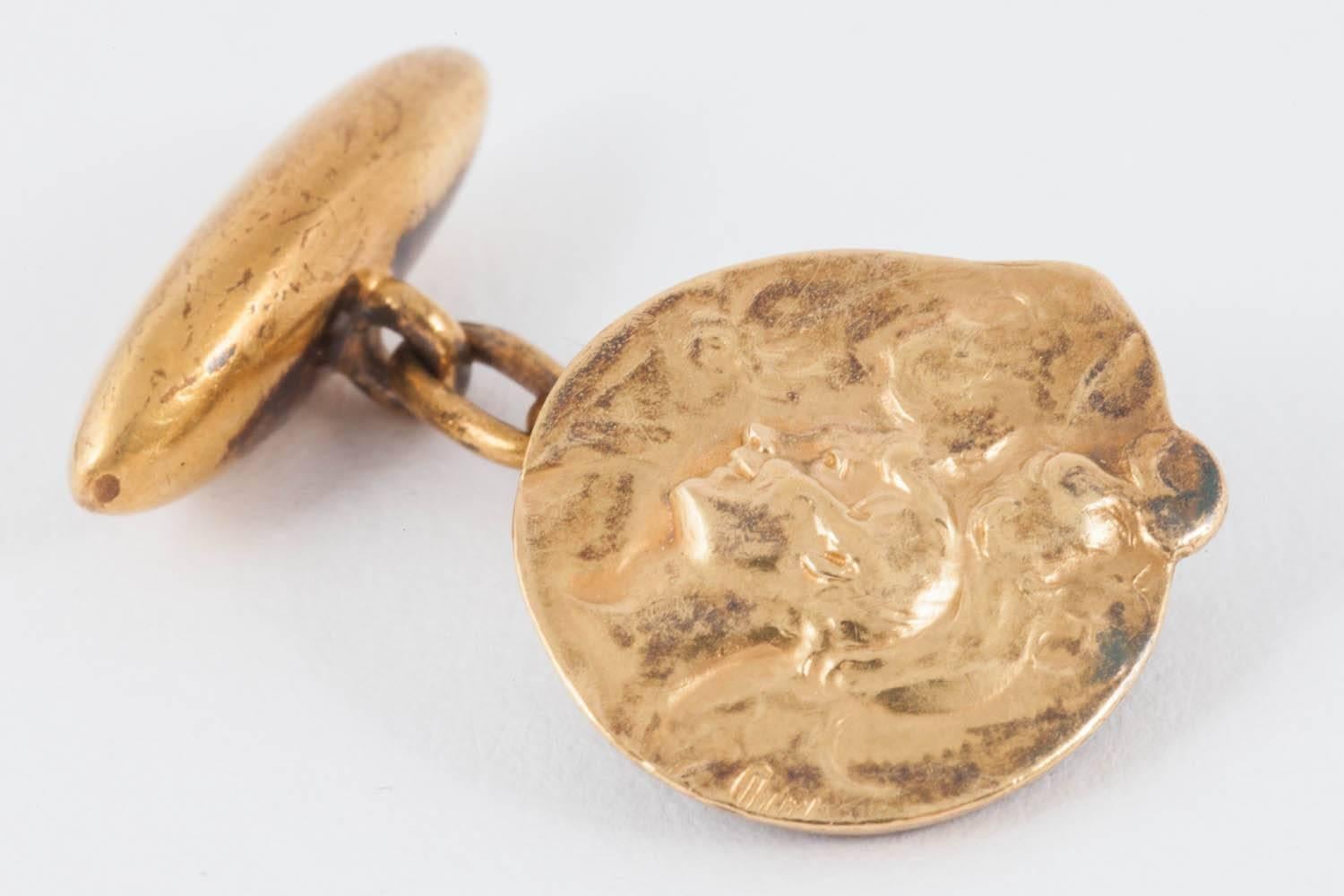 Women's or Men's  Art Nouveau Cufflinks by Jules Cheret in 18 Karat Gold, French circa 1890  For Sale