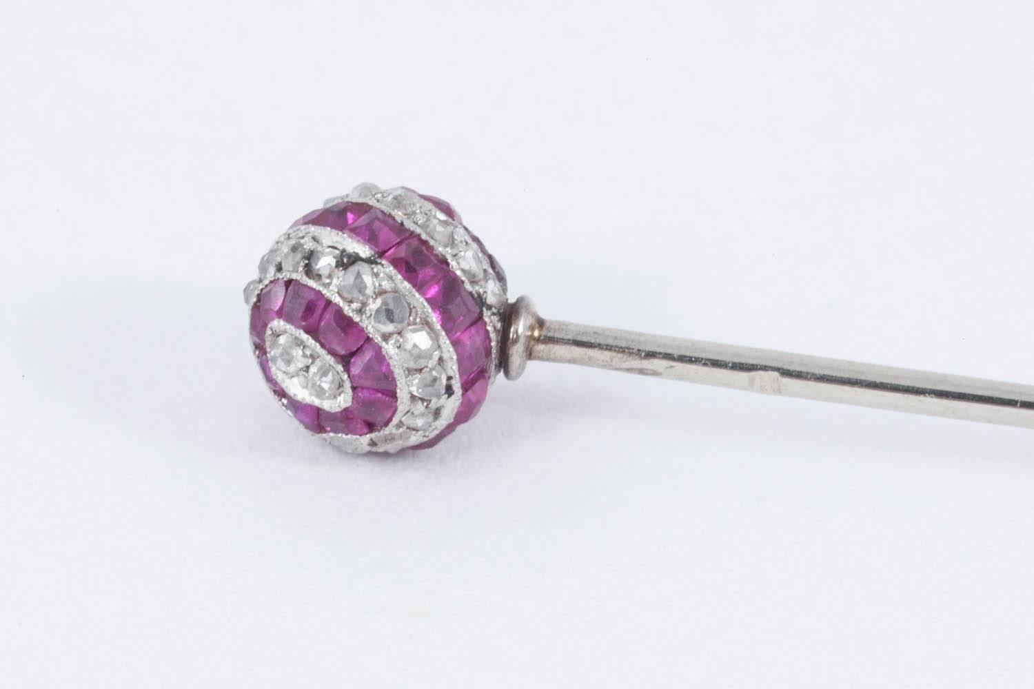 Edwardian Tiepin of spherical shape set diamonds and calibre cut rubies, platinum, French