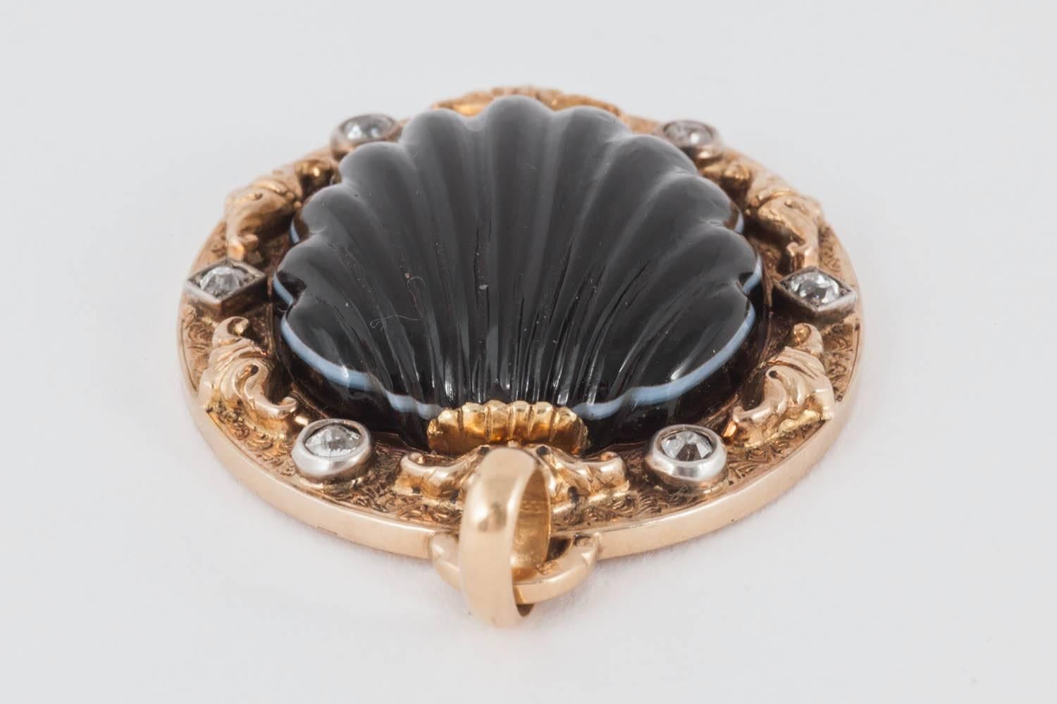 Victorian 19th Century Banded Agate and Diamond Pendant For Sale