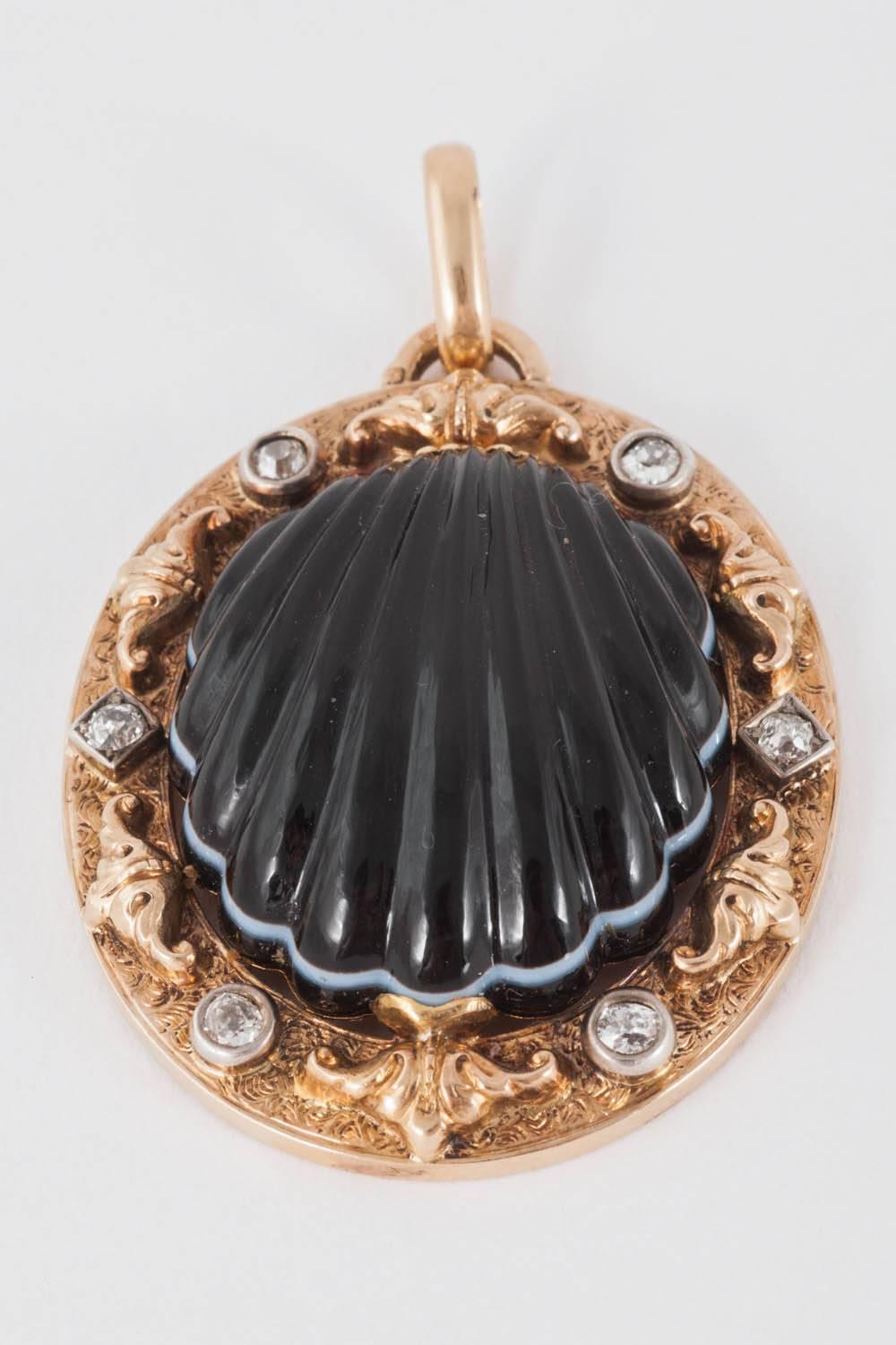 19th Century Banded Agate and Diamond Pendant For Sale 1