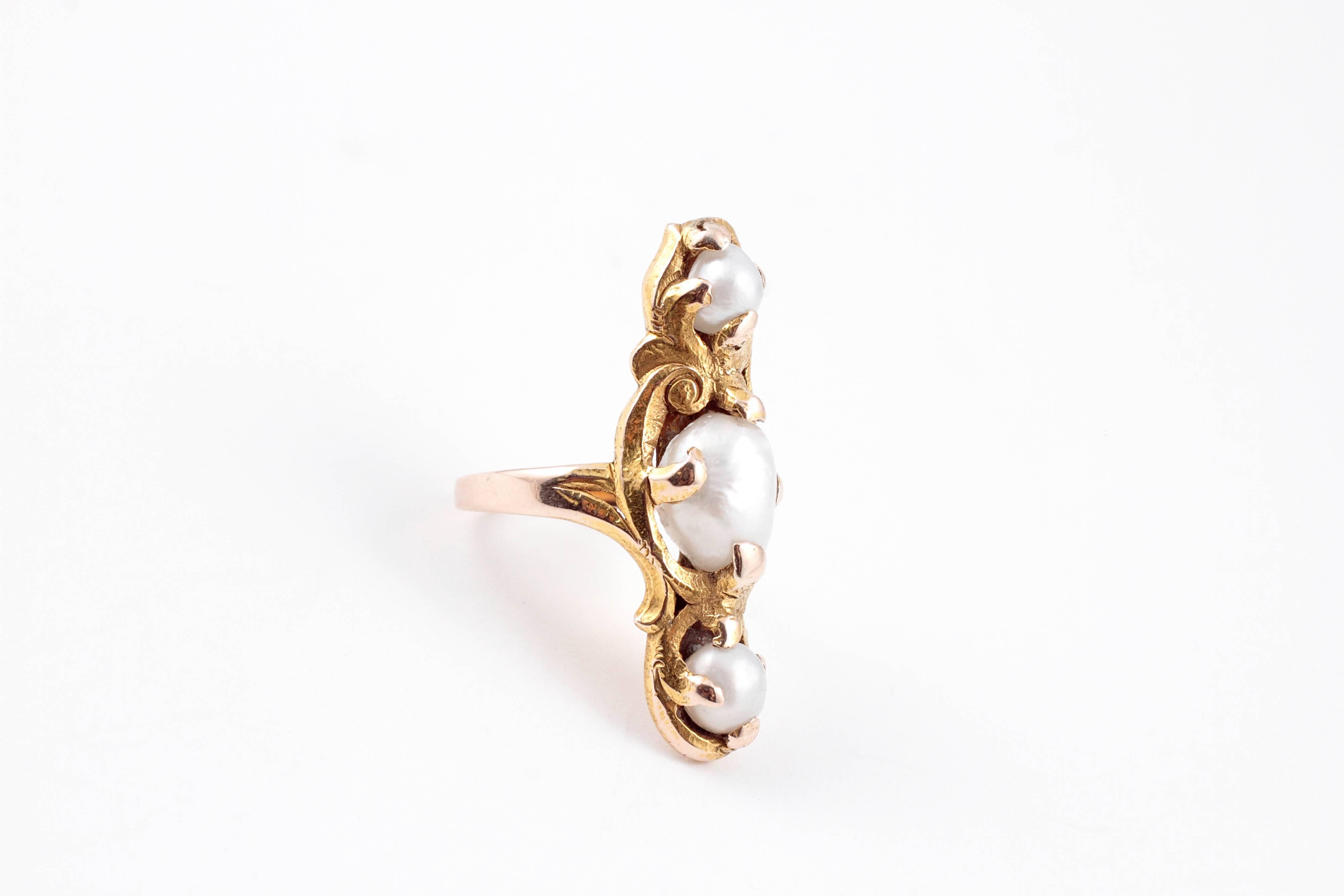 Women's Art Nouveau Pearl Yellow Gold Ring For Sale