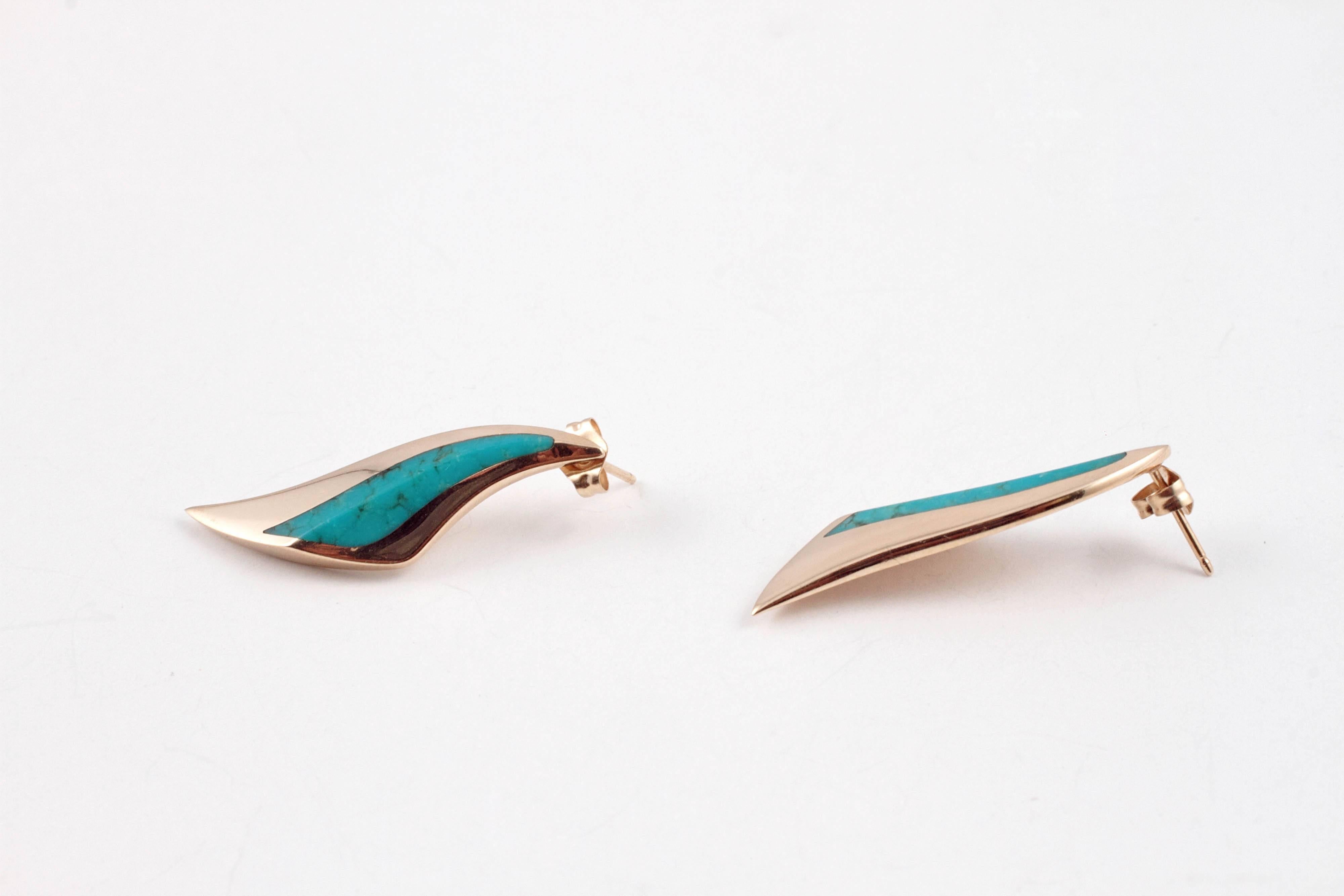 Kabana Yellow Gold Turquoise Earrings In Excellent Condition In Dallas, TX