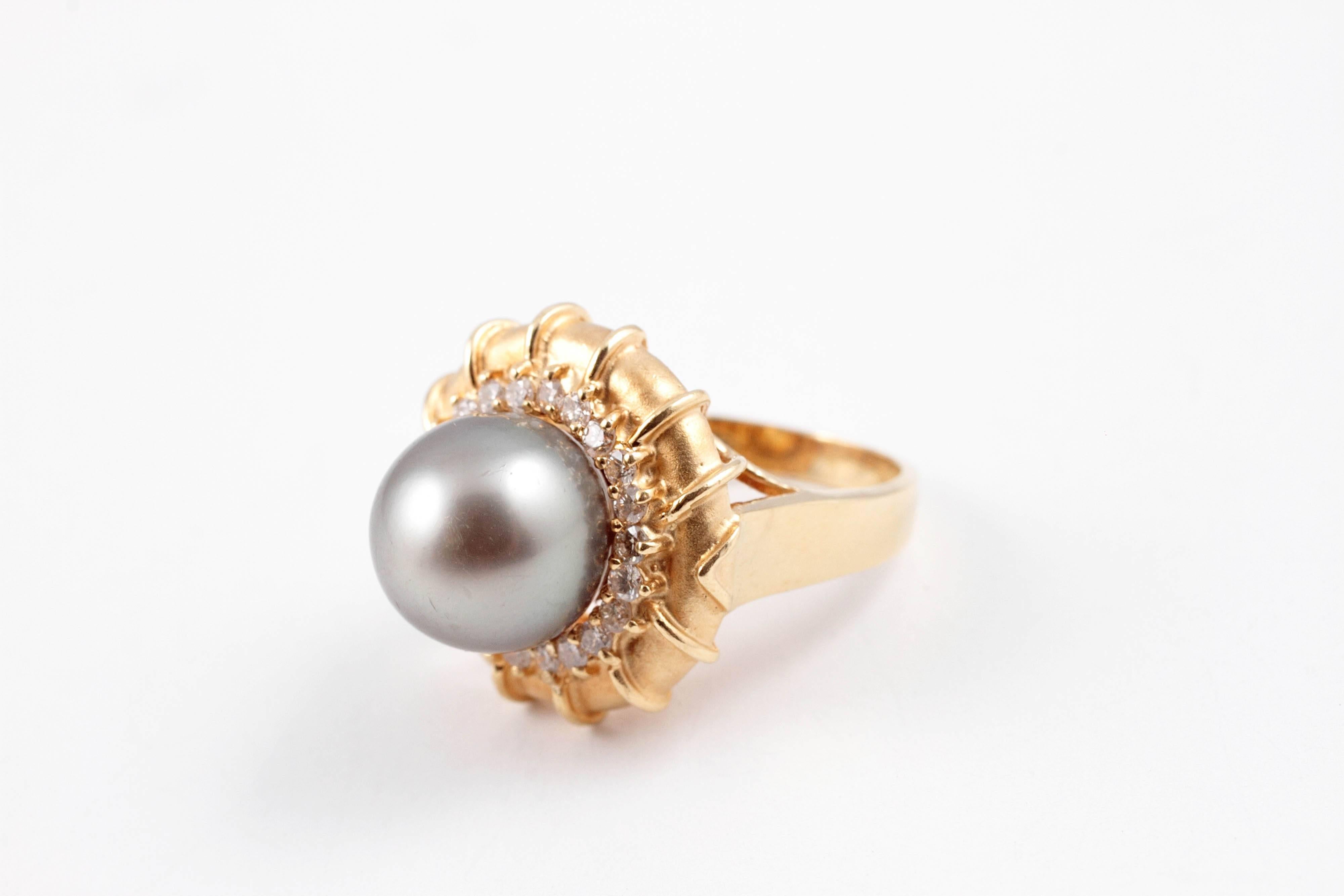 Natural Color Tahitian Pearl Diamond Ring For Sale 2