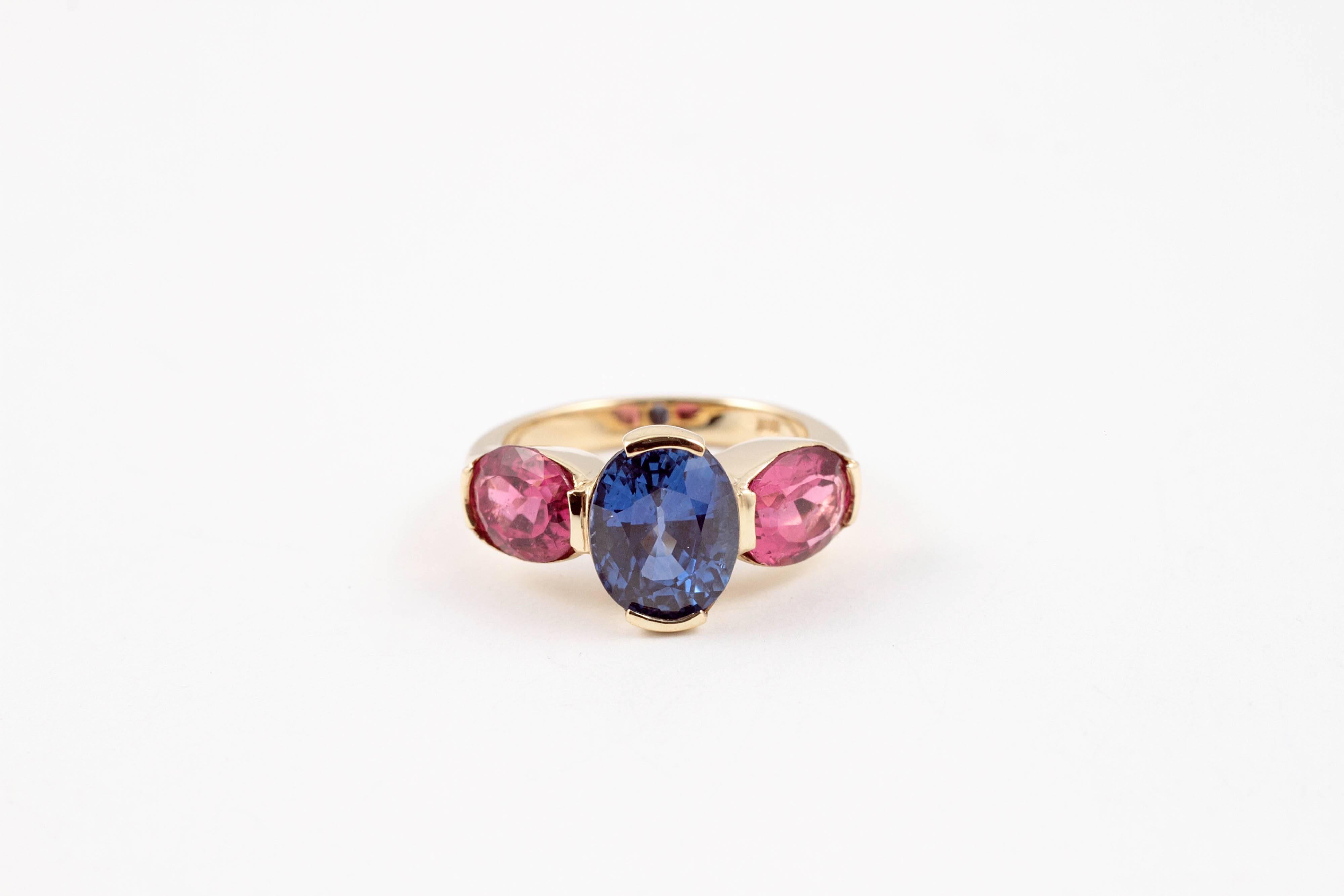 pink tourmaline and blue sapphire ring