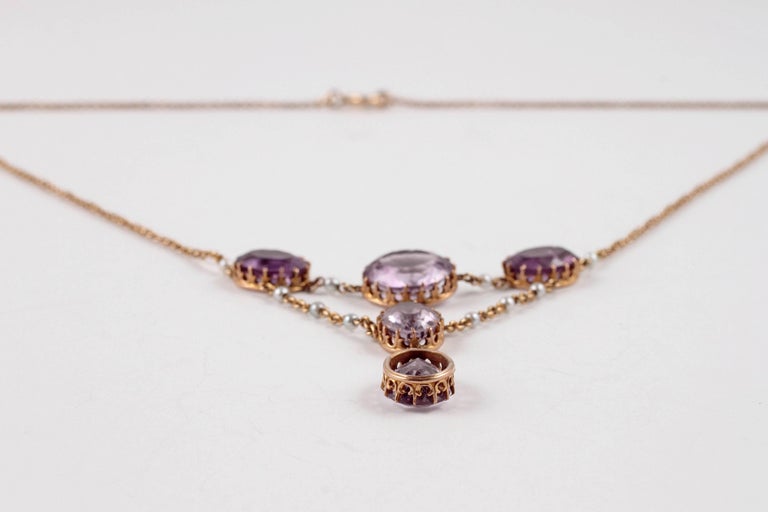 Women's or Men's Edwardian Amethyst Seed Pearl Necklace For Sale
