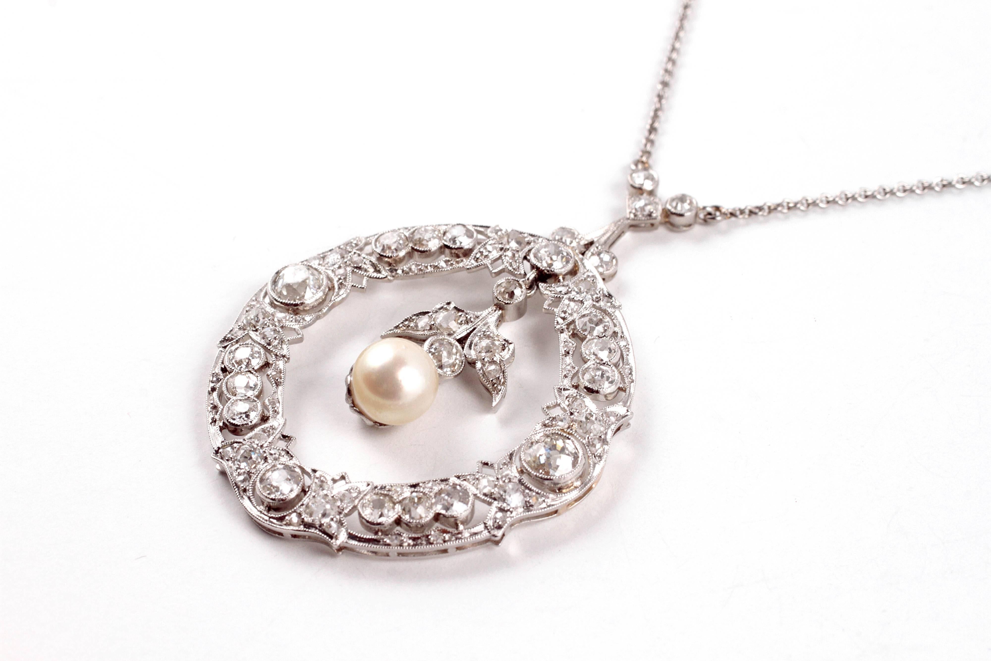 Edwardian 3.20 Carat Diamond Pearl Necklace In Good Condition In Dallas, TX