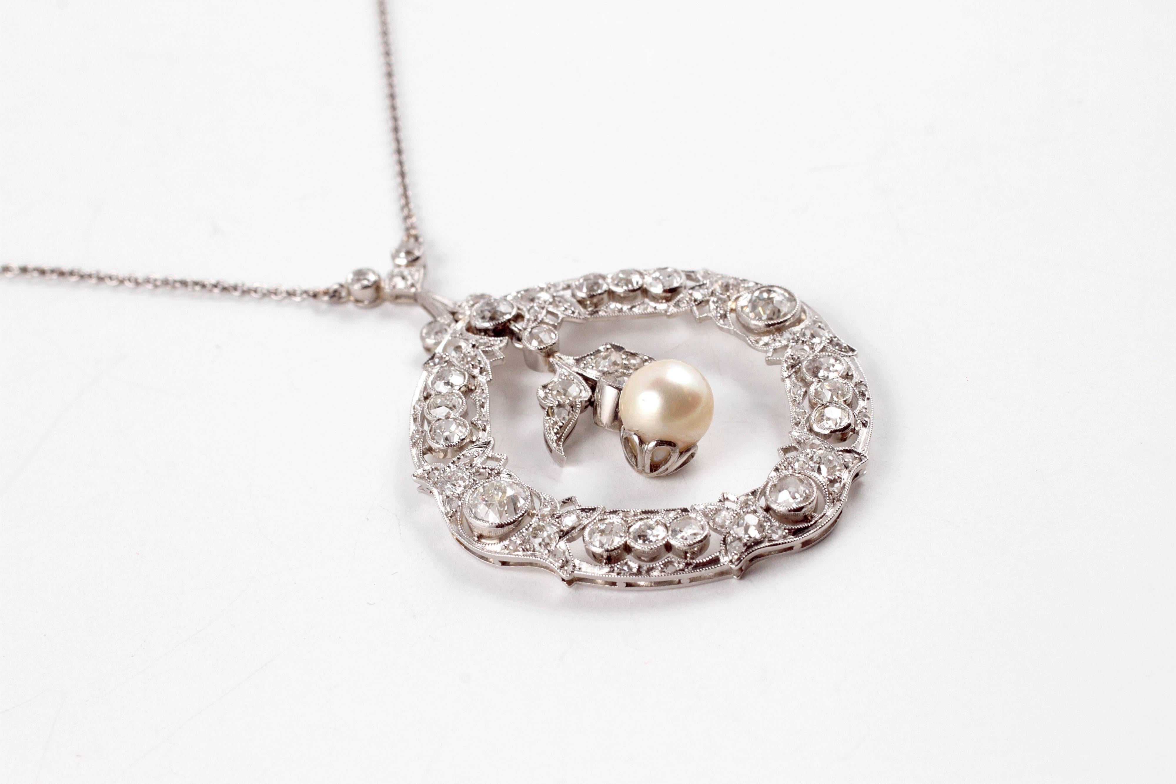 Edwardian 3.20 Carat Diamond Pearl Necklace 1