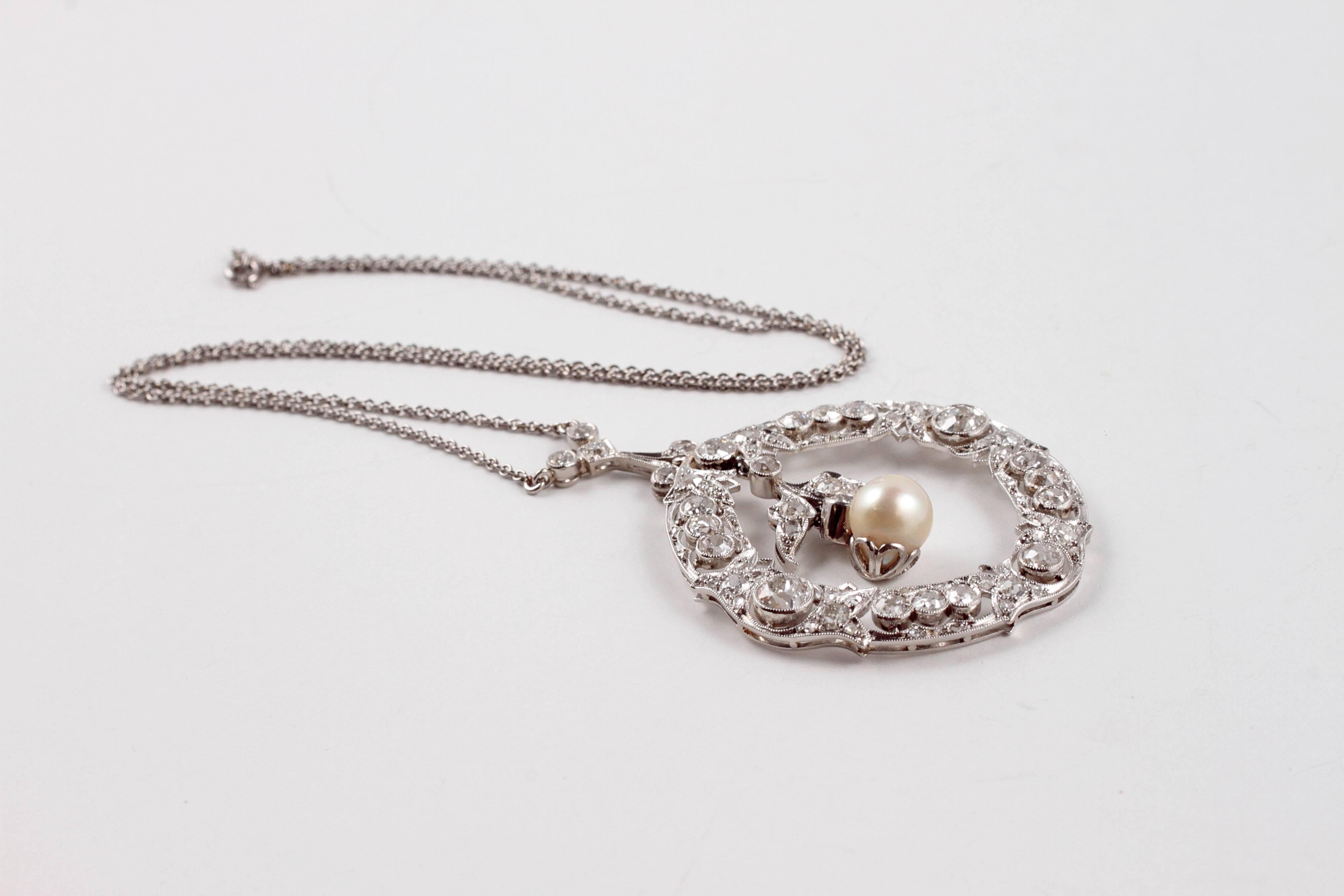 Edwardian 3.20 Carat Diamond Pearl Necklace 2