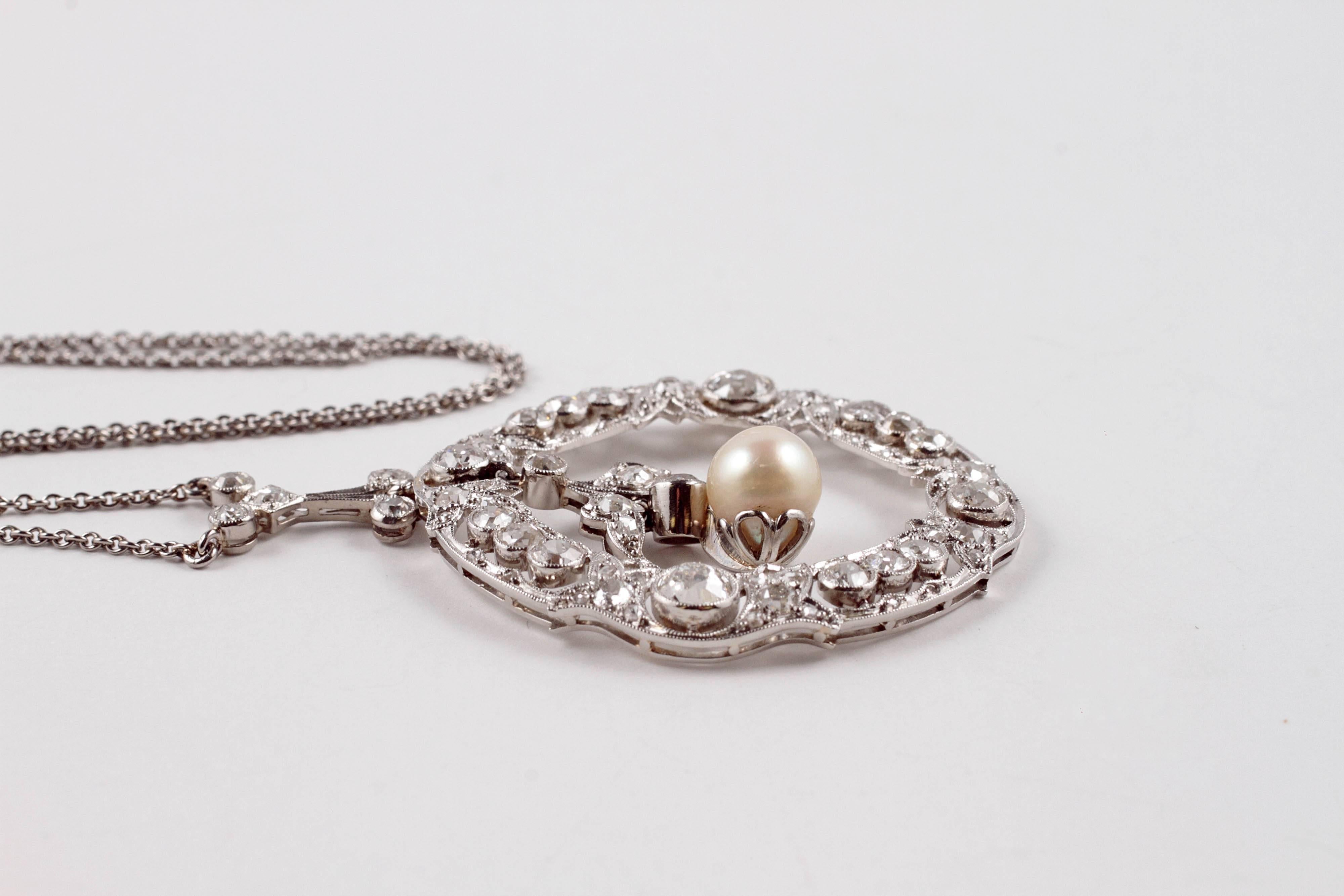 Edwardian 3.20 Carat Diamond Pearl Necklace 3